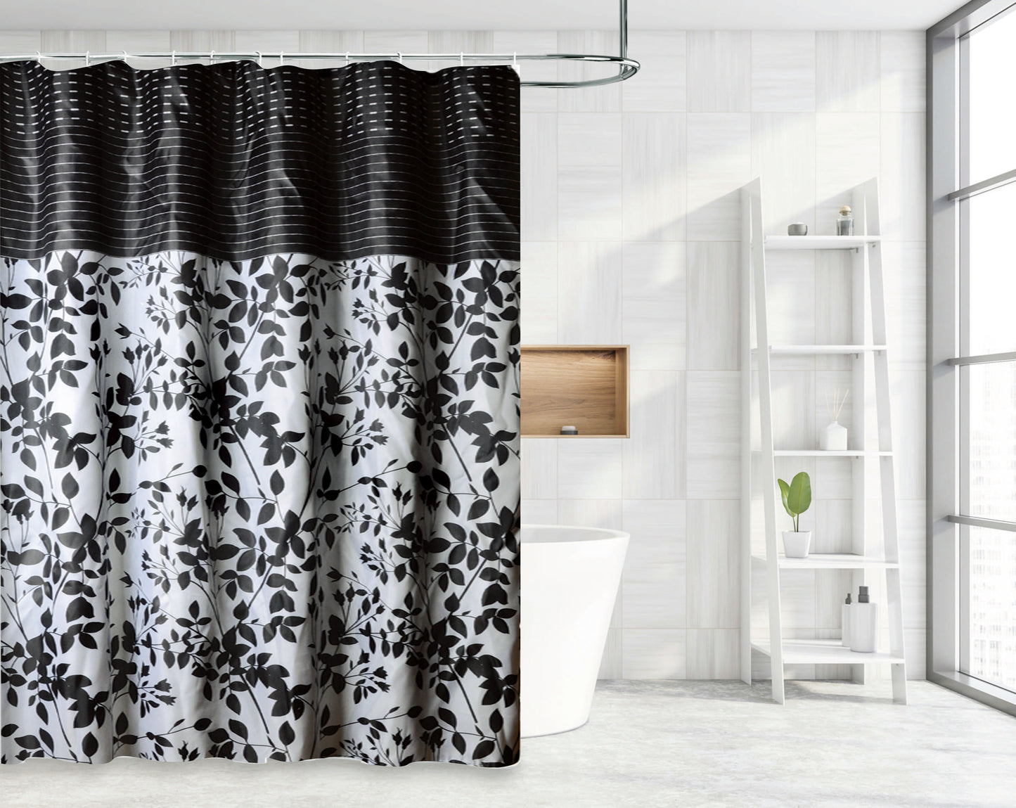 Waterproof Decor Printed Shower Curtain with Roller Hooks, Black Leaves Branches Pattern
