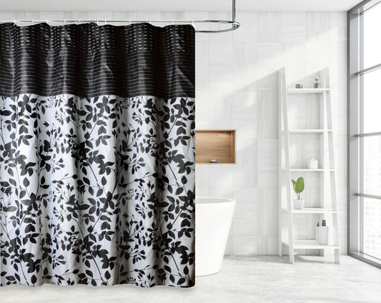 Waterproof Decor Printed Shower Curtain with Roller Hooks, Black Leaves Branches Pattern