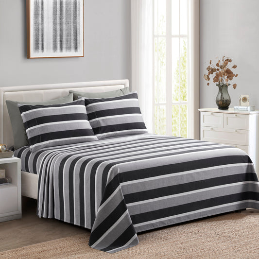 Printed Rayon from Bamboo Soft Deep Pocket Bedding All Season Sheet Set, Black Grey Stripes