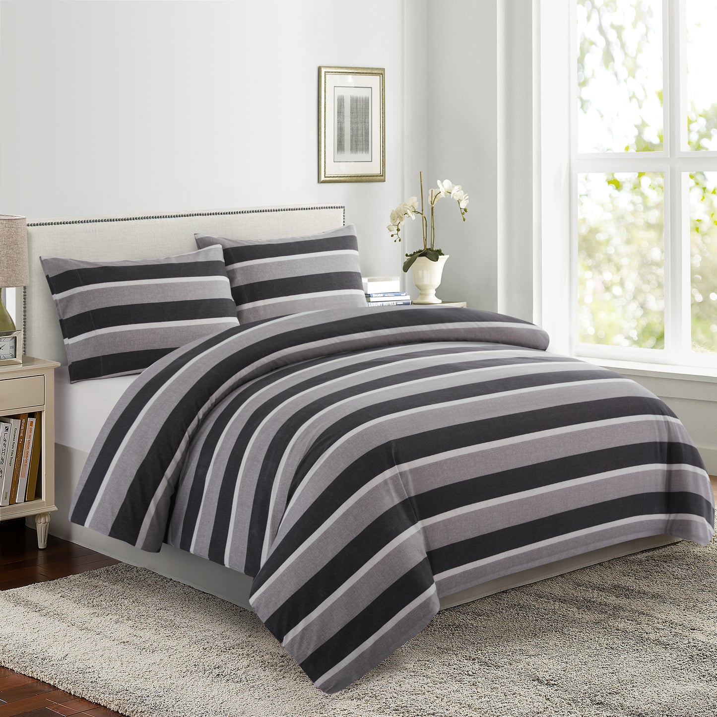 Printed Rayon from Bamboo Soft Bedding Silky Zipper All Season Duvet Cover Set, Black Grey Stripes