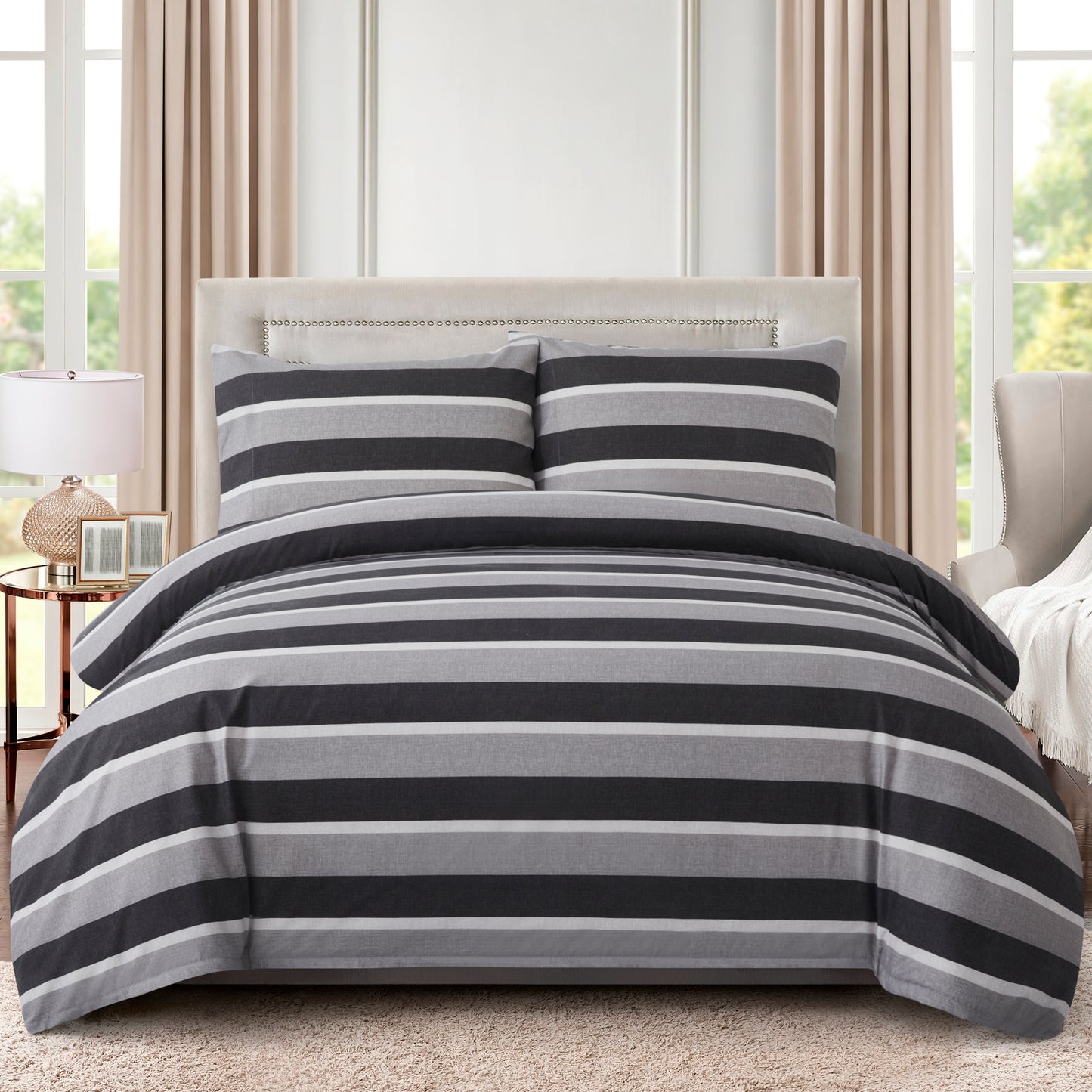 Printed Rayon from Bamboo Soft Bedding Silky Zipper All Season Duvet Cover Set, Black Grey Stripes