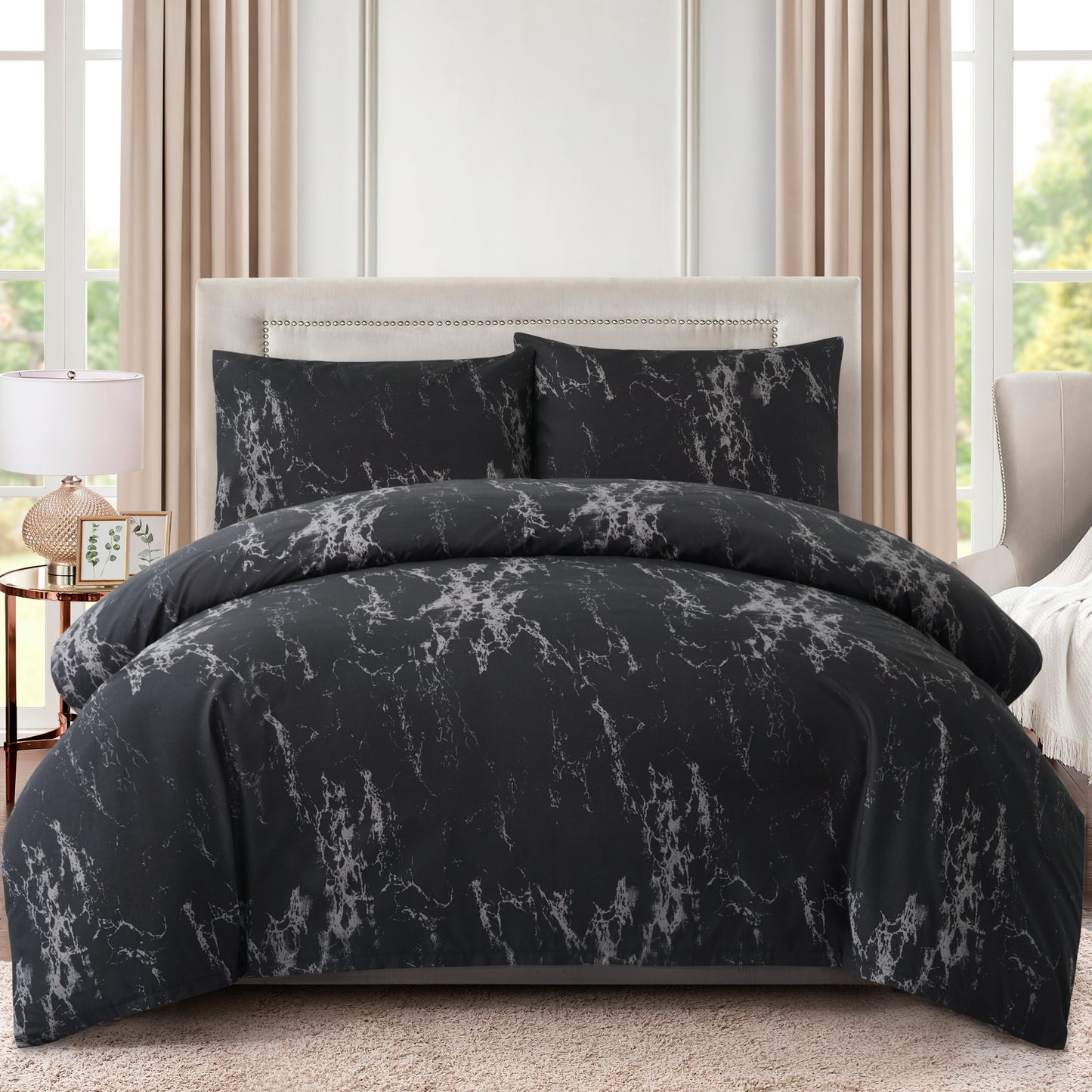 Printed Rayon from Bamboo Soft Bedding Silky Zipper All Season Duvet Cover Set, Modern Black Marble