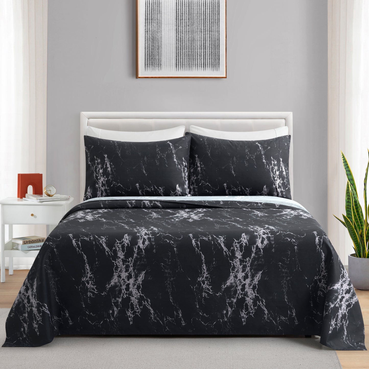 Printed Rayon from Bamboo Soft Deep Pocket Bedding All Season Sheet Set, Modern Black Marble