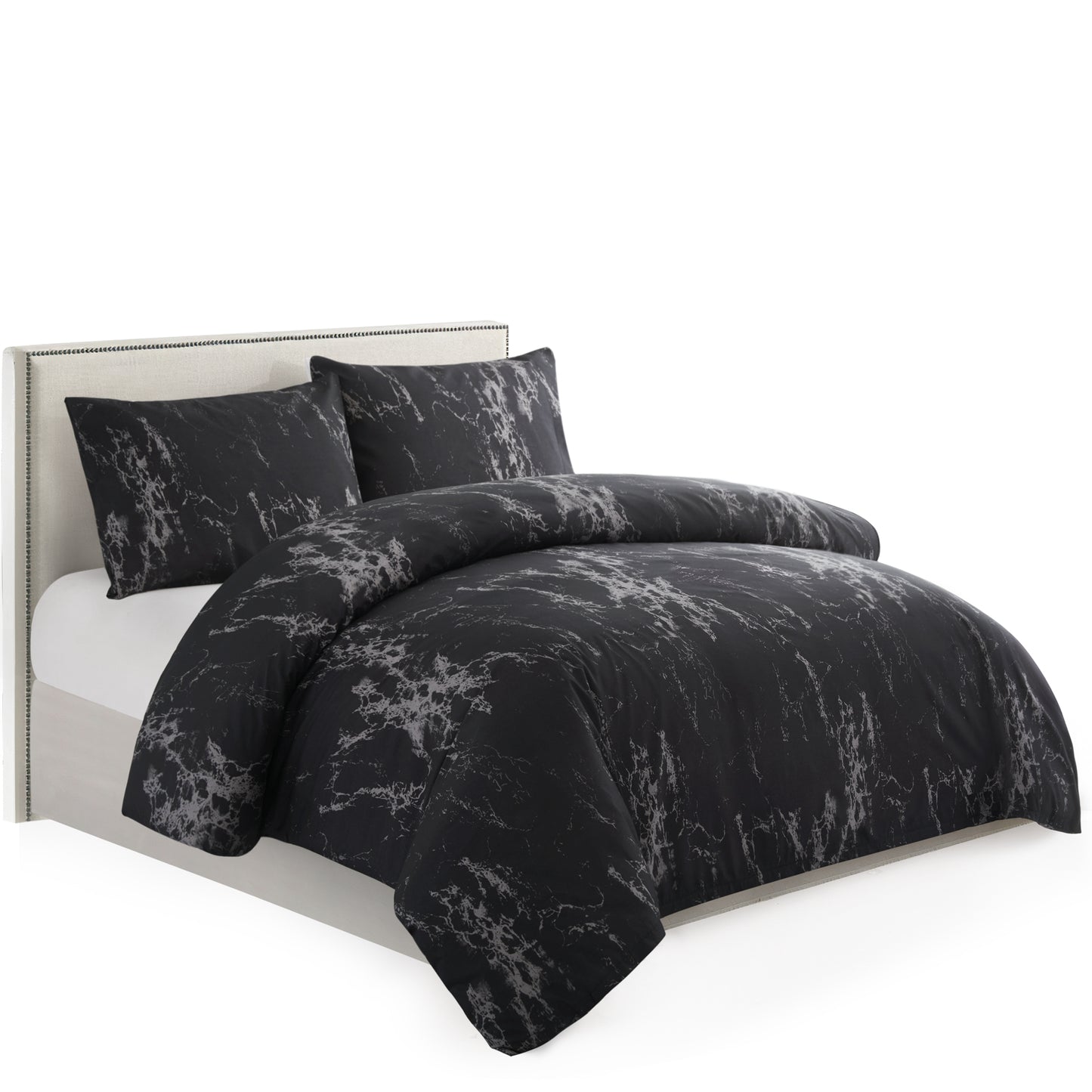 Printed Rayon from Bamboo Soft Bedding Silky Zipper All Season Duvet Cover Set, Modern Black Marble