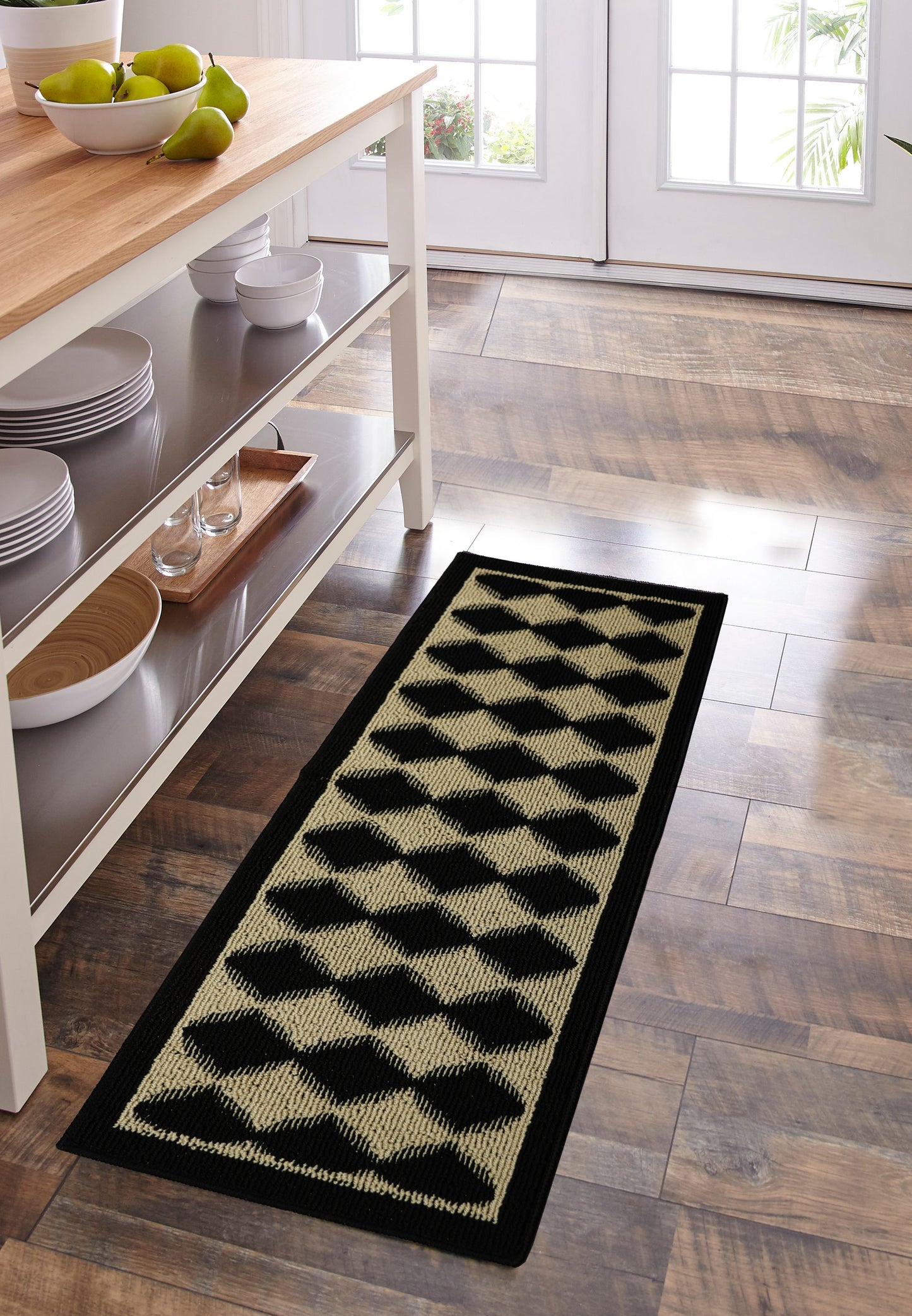 Decor Non-Slip Back Water Absorbent Soft Woven Runner Area Carpet Floor Mat Indoor Kitchen Rug, Black Pumice Geometric Design