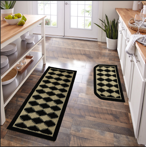 Decor Non-Slip Back Water Absorbent Soft Woven Runner Area Carpet Floor Mat Indoor Kitchen Rug, Black Pumice Geometric Design