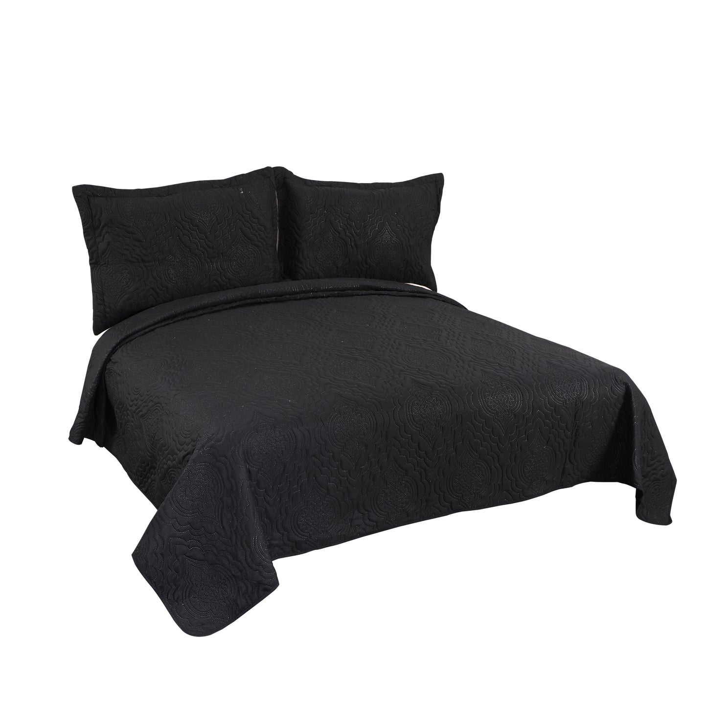 Embossed Pinsonic Solid Bedding Soft Summer Quilt Set, Black Color