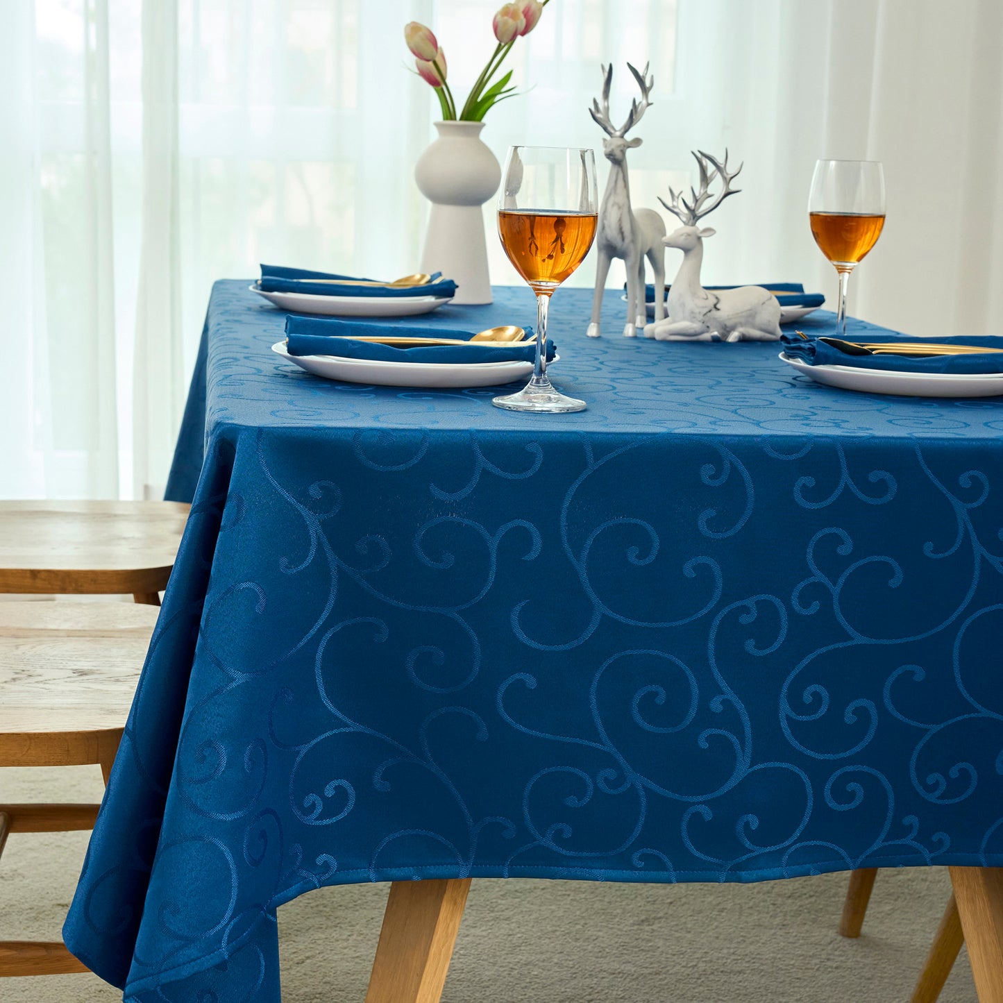 Jacquard Waterproof Thick Luxury Premium Solid Liquid Repellent Stain Resistant Decorative Home Kitchen Tablecloth, Royal Blue Color