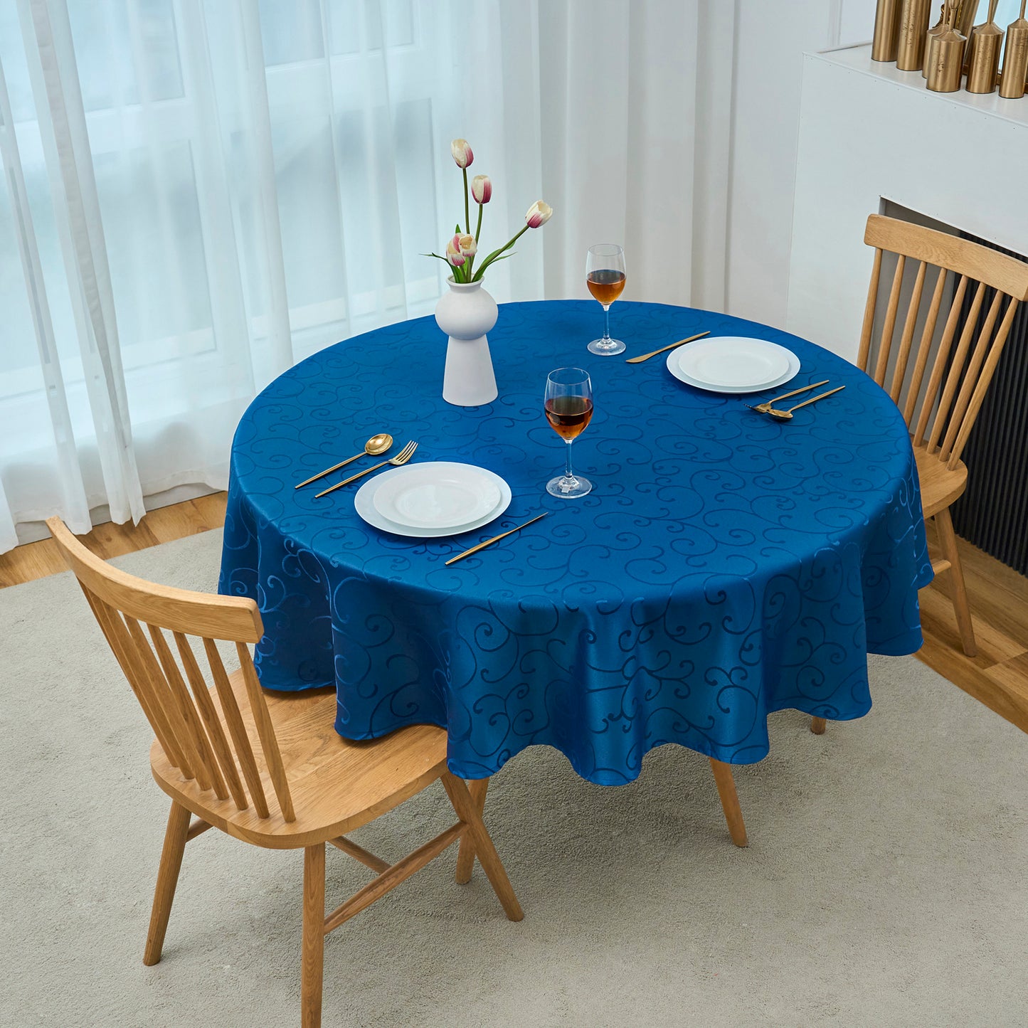 Jacquard Waterproof Thick Luxury Premium Solid Liquid Repellent Stain Resistant Decorative Home Kitchen Tablecloth, Royal Blue Color