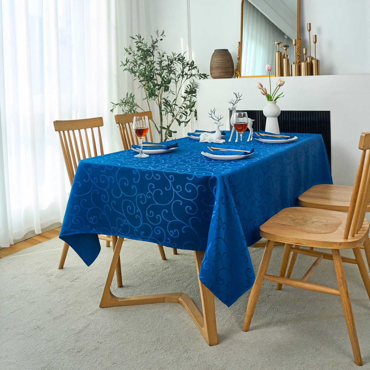 Jacquard Waterproof Thick Luxury Premium Solid Liquid Repellent Stain Resistant Decorative Home Kitchen Tablecloth, Royal Blue Color