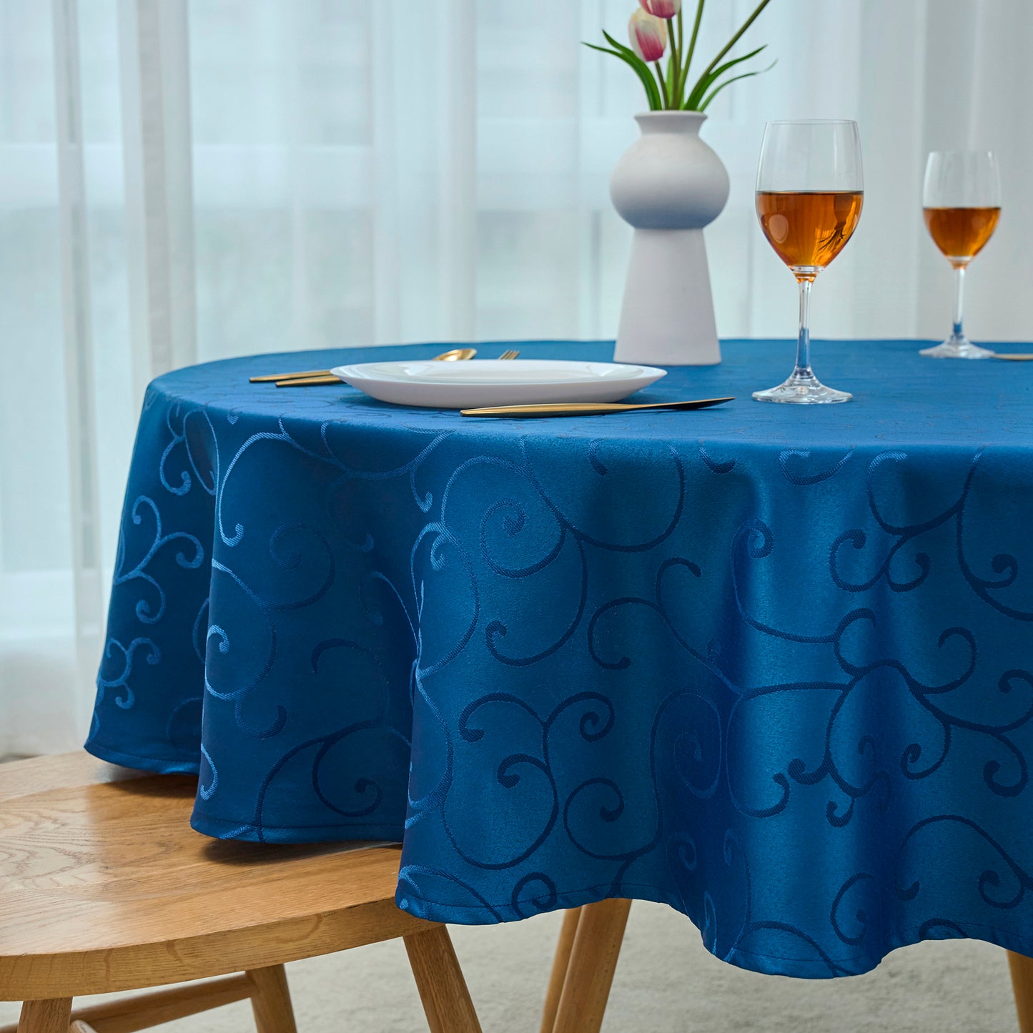 Jacquard Waterproof Thick Luxury Premium Solid Liquid Repellent Stain Resistant Decorative Home Kitchen Tablecloth, Royal Blue Color