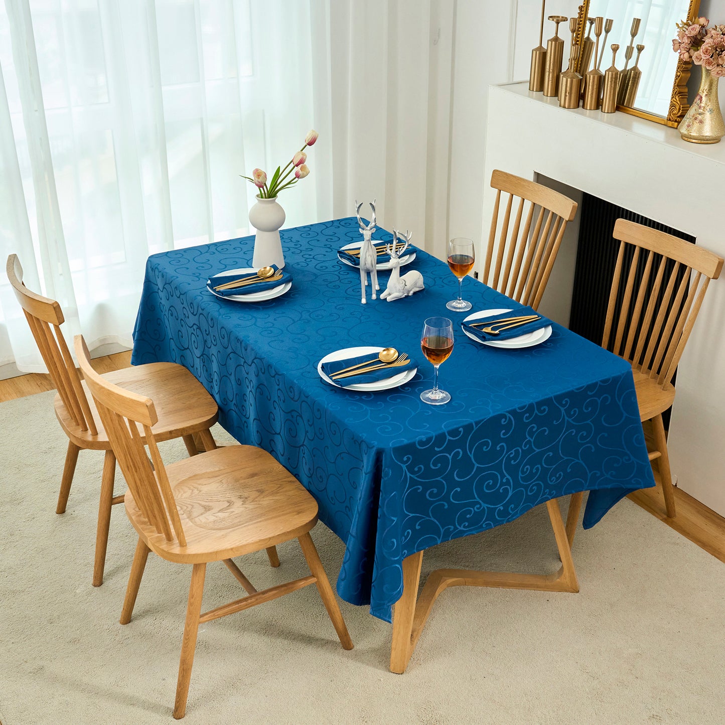 Jacquard Waterproof Thick Luxury Premium Solid Liquid Repellent Stain Resistant Decorative Home Kitchen Tablecloth, Royal Blue Color