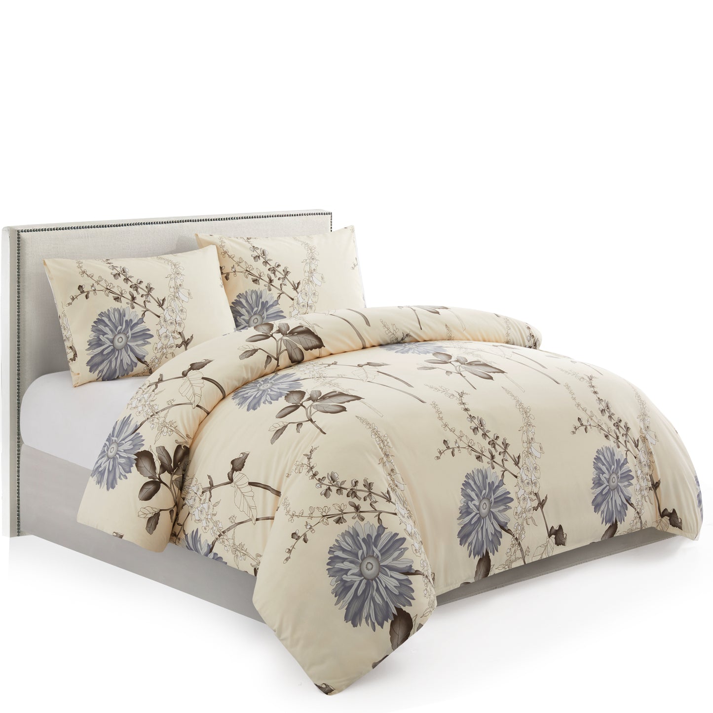 Printed Rayon from Bamboo Soft All Season Duvet Cover Fitted Sheet Ensemble Bedding Set with Zipper and Corner Tie, Blue Floral