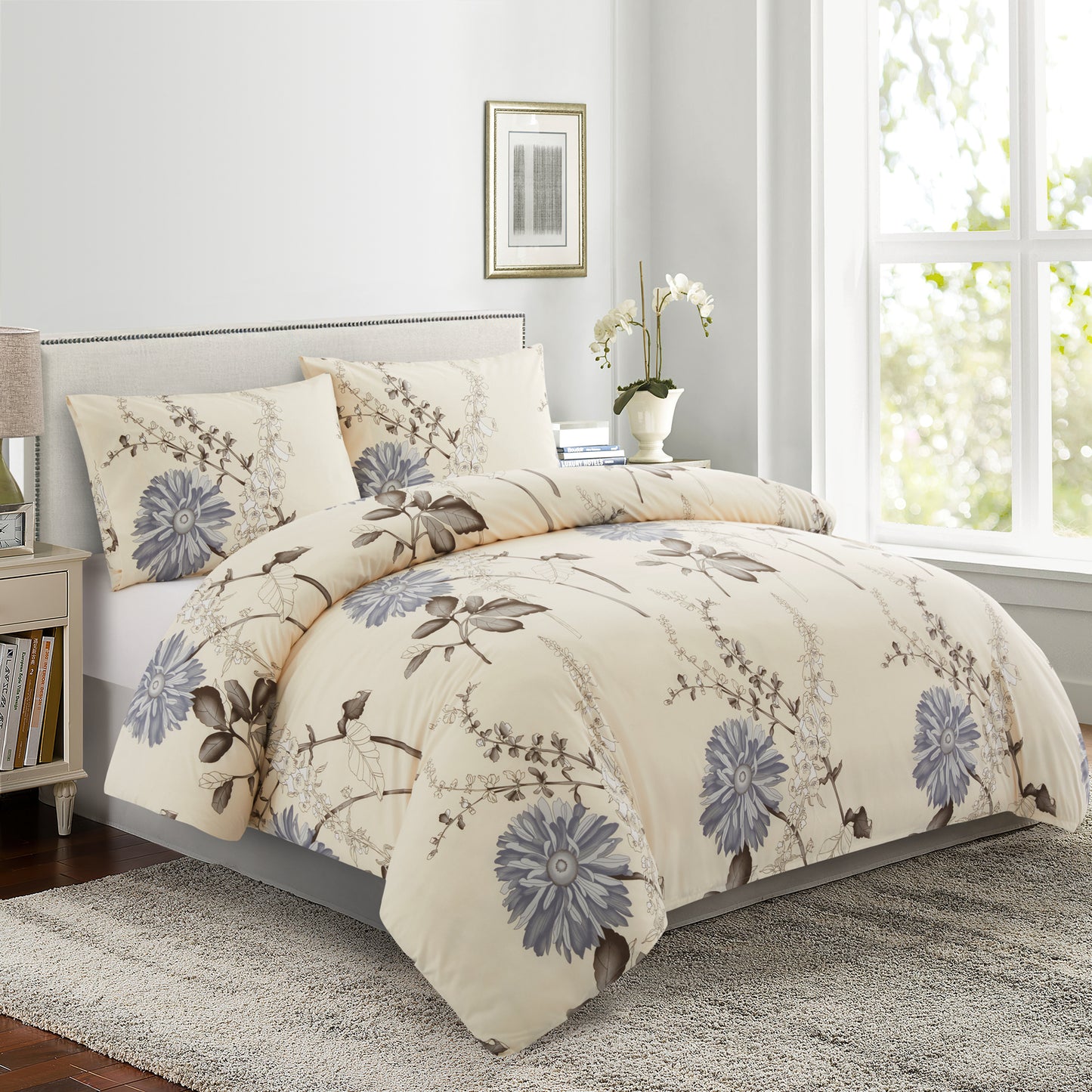 Printed Rayon from Bamboo Soft All Season Duvet Cover Fitted Sheet Ensemble Bedding Set with Zipper and Corner Tie, Blue Floral