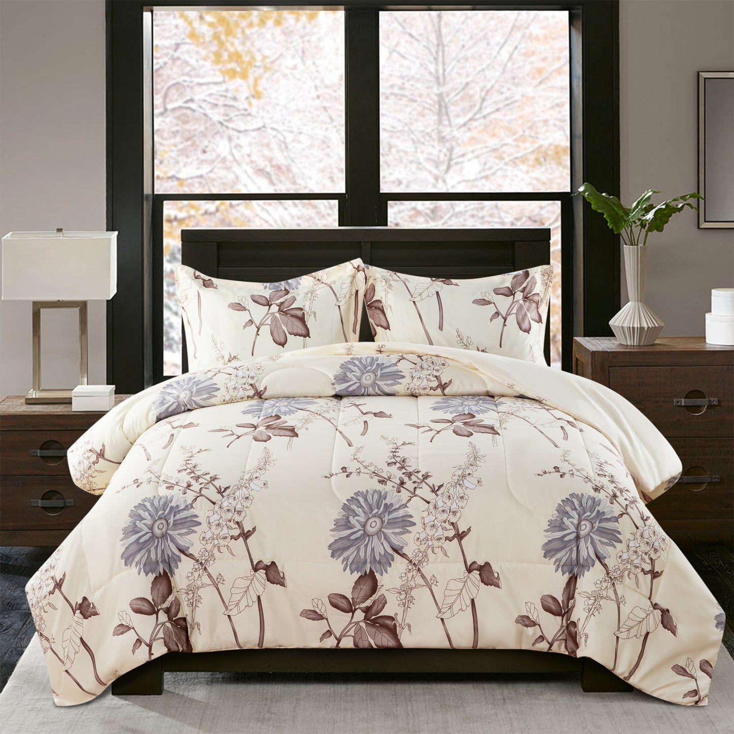 Home Decor Soft Luxury Fluffy Goose Down Alternative Bedding Printed Comforter Set, Blue Chrysanthemum Floral