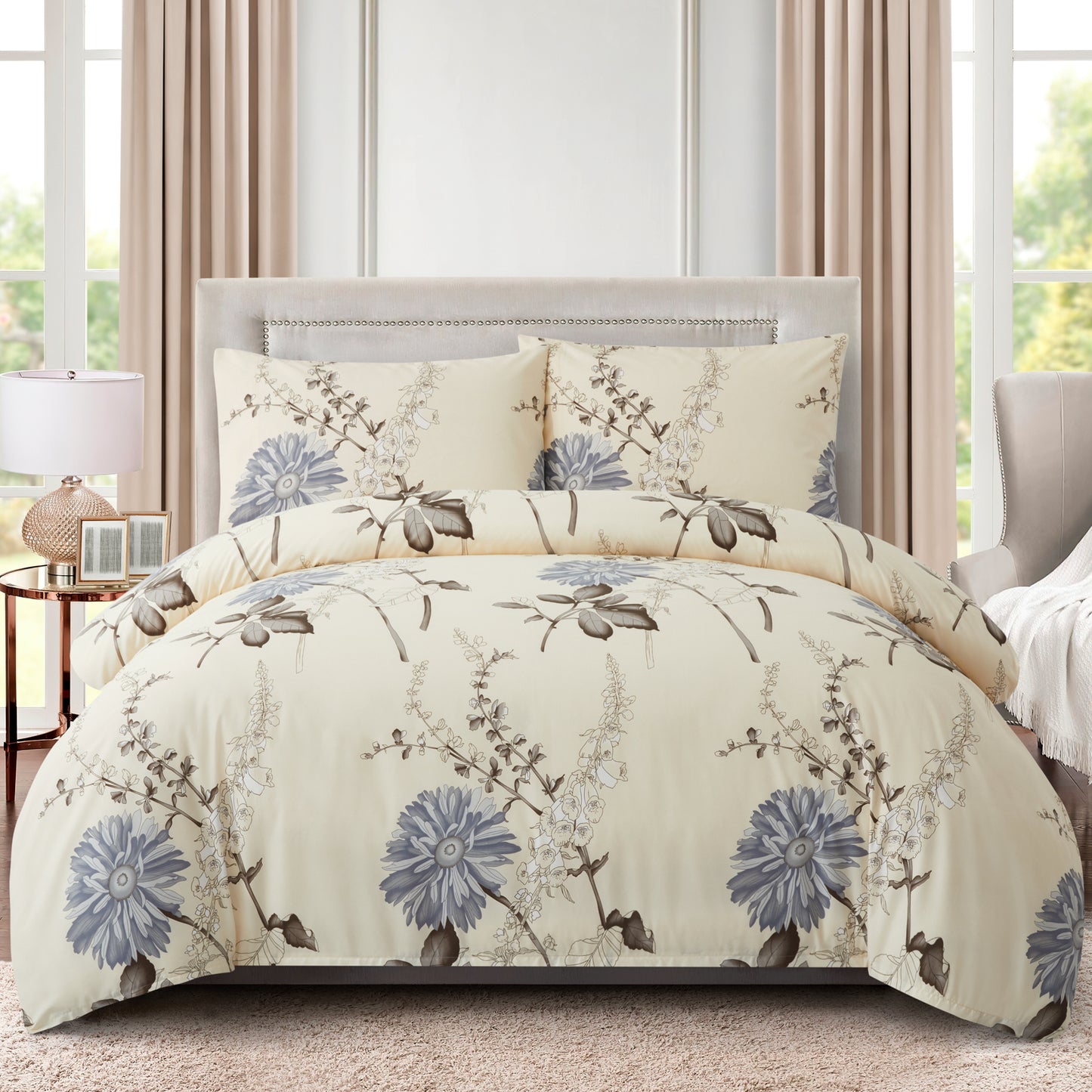 Printed Rayon from Bamboo Soft All Season Duvet Cover Fitted Sheet Ensemble Bedding Set with Zipper and Corner Tie, Blue Floral