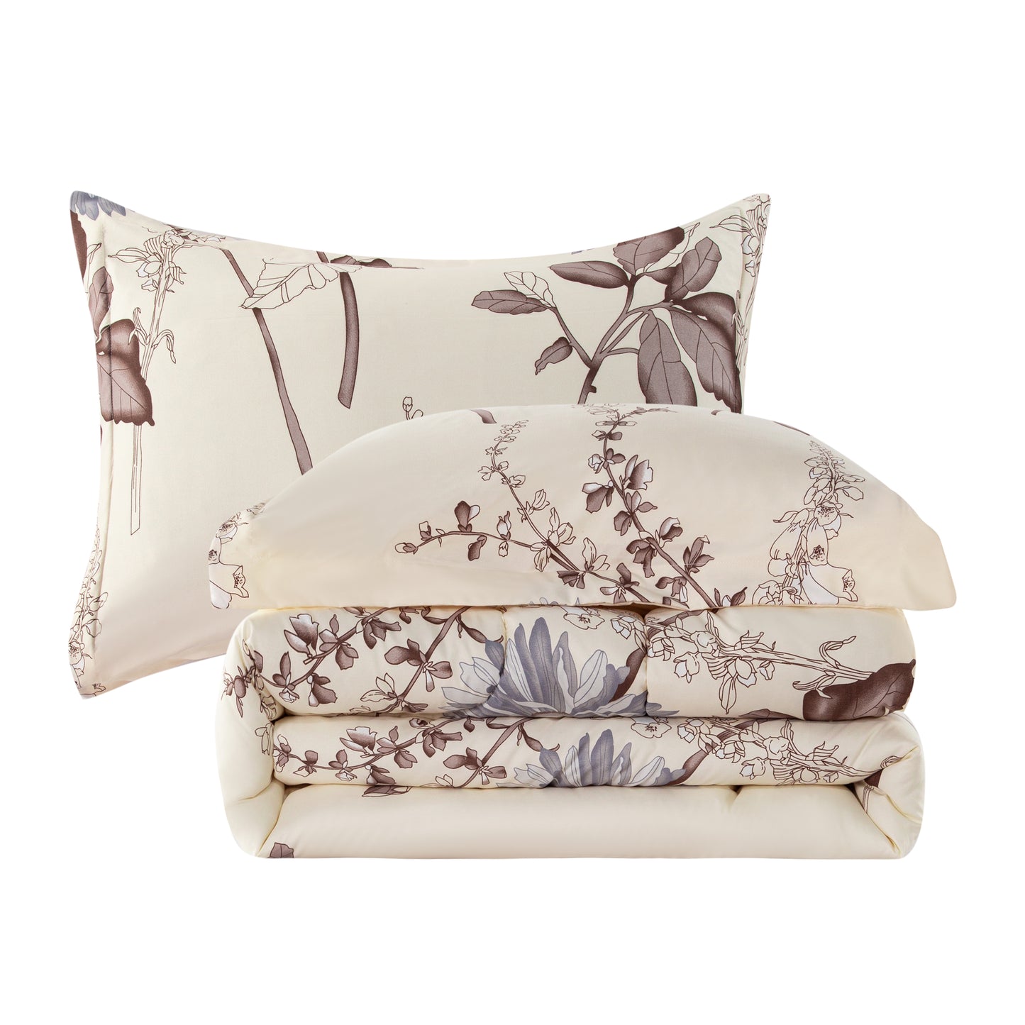 Home Decor Soft Luxury Fluffy Goose Down Alternative Bedding Printed Comforter Set, Blue Chrysanthemum Floral