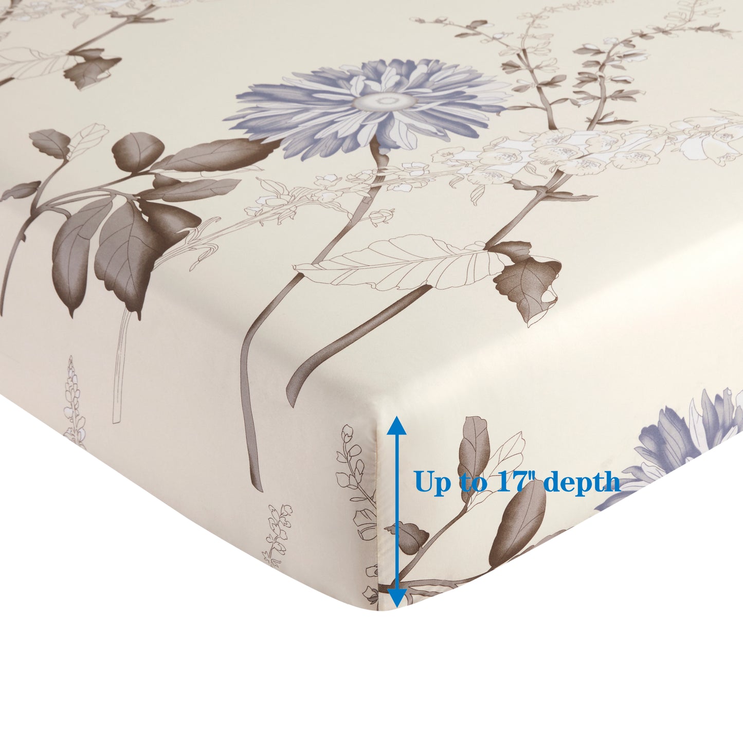 Printed Rayon from Bamboo Soft All Season Duvet Cover Fitted Sheet Ensemble Bedding Set with Zipper and Corner Tie, Blue Floral