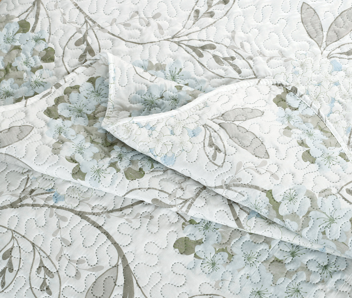 Printed Embossed Pinsonic Soft Bedding Summer Quilt Set, Blue Hydrangea Floral