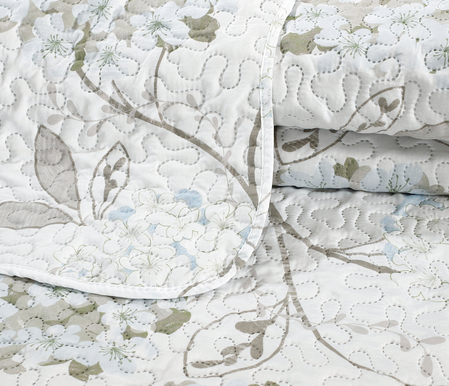 Printed Embossed Pinsonic Soft Bedding Summer Quilt Set, Blue Hydrangea Floral