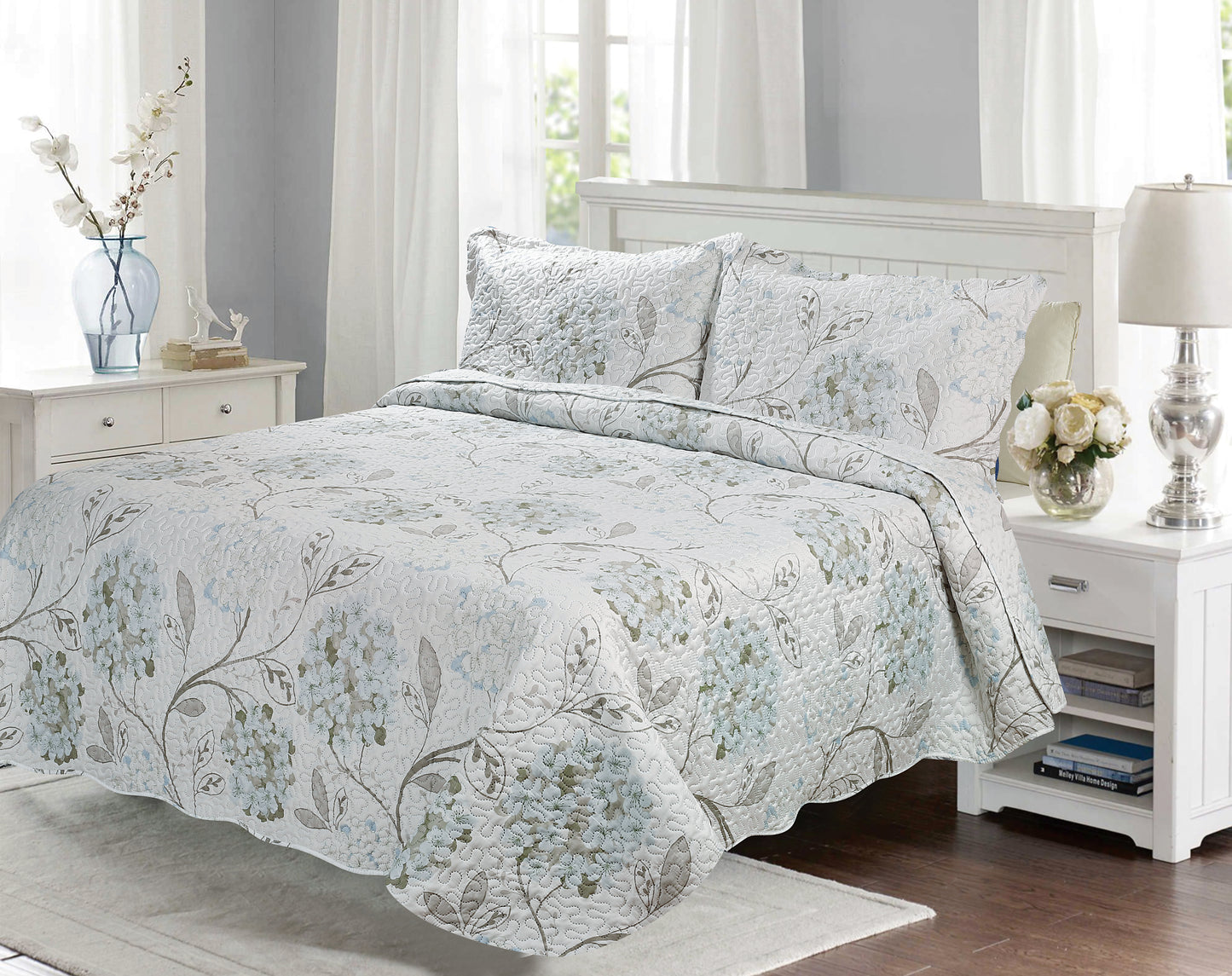 Printed Embossed Pinsonic Soft Bedding Summer Quilt Set, Blue Hydrangea Floral