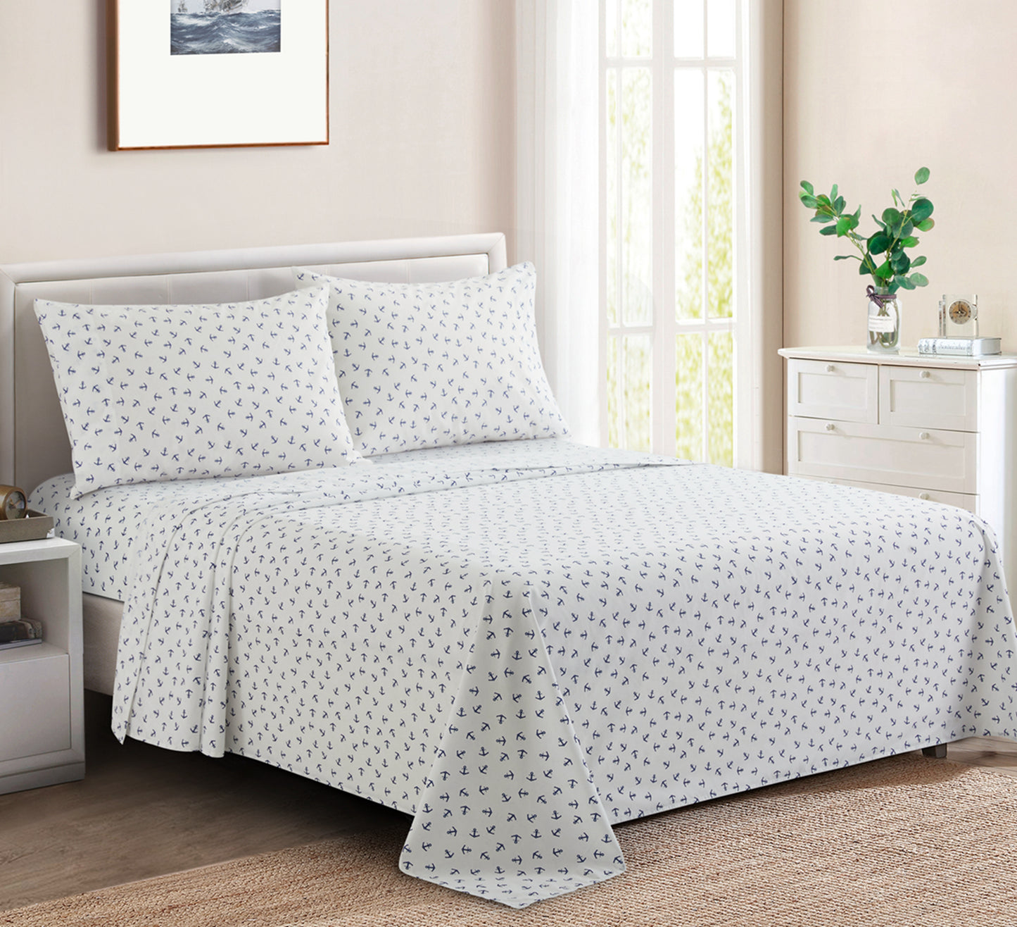 Printed Cotton Blend Percale 600 Thread Count Soft Deep Pocket All Season Bedding Sheet Set, Blue Nautical Anchor Pattern