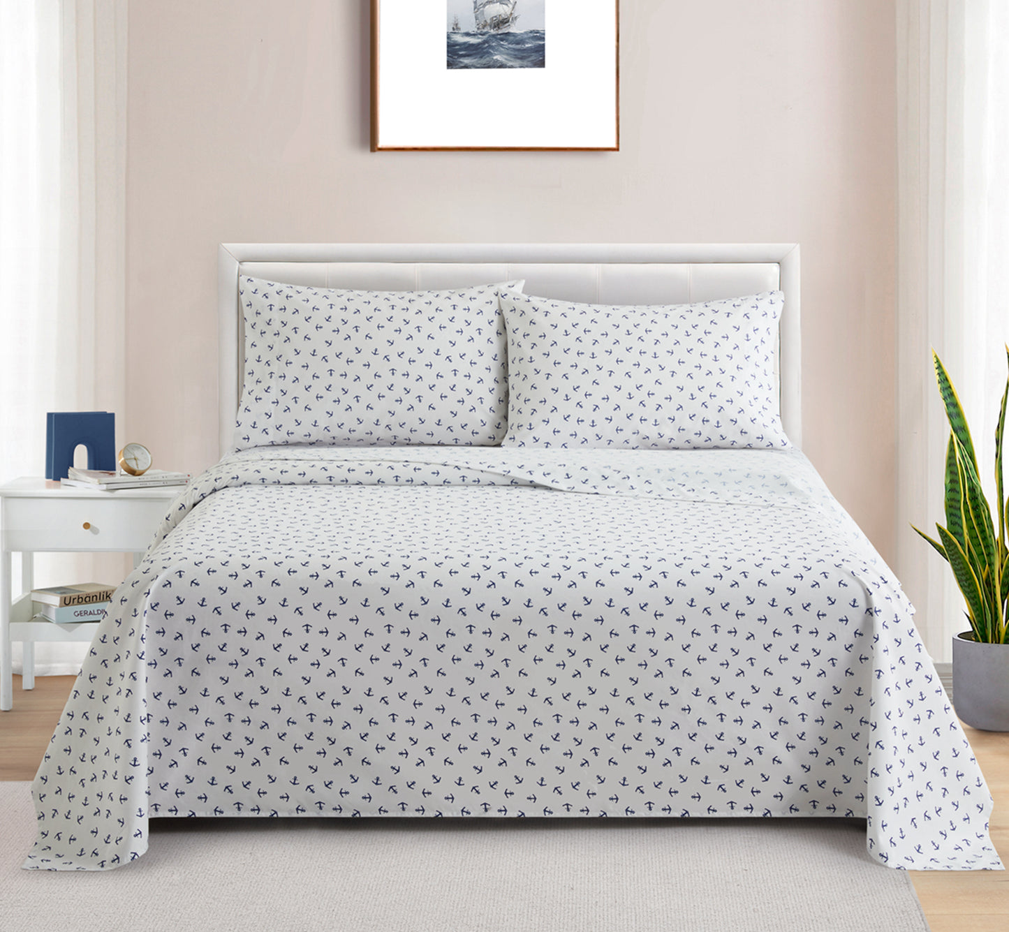 Printed Cotton Blend Percale 600 Thread Count Soft Deep Pocket All Season Bedding Sheet Set, Blue Nautical Anchor Pattern