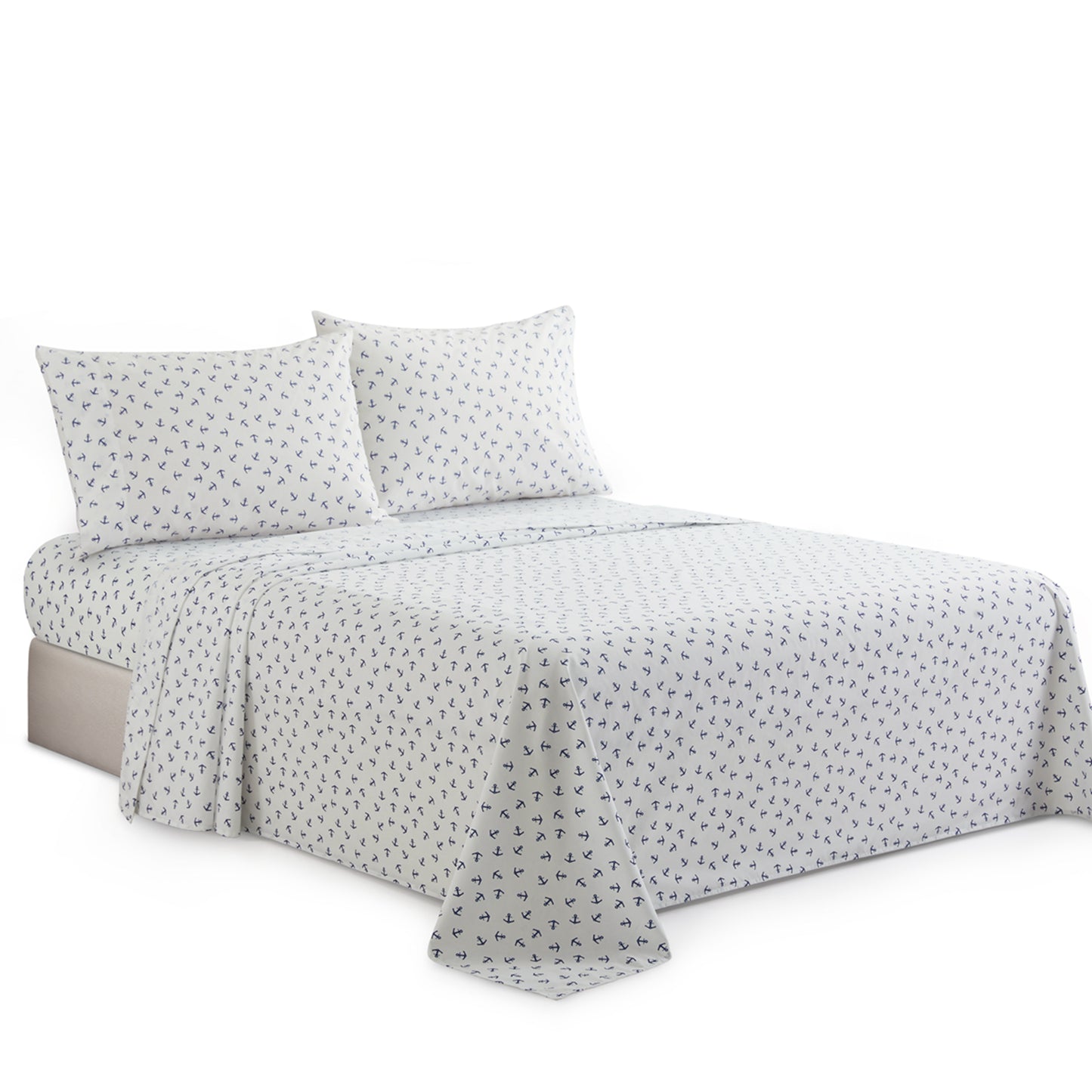 Printed Cotton Blend Percale 600 Thread Count Soft Deep Pocket All Season Bedding Sheet Set, Blue Nautical Anchor Pattern
