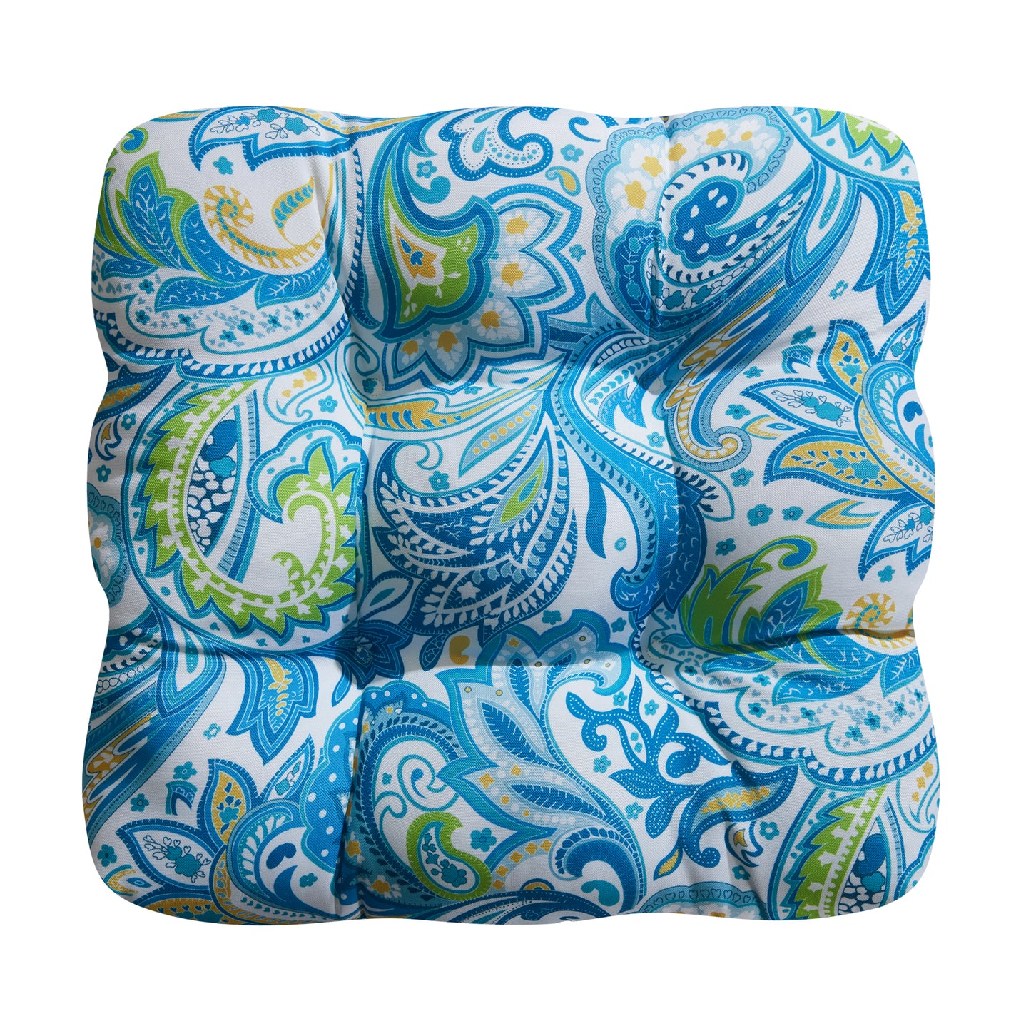 Premium Thick Comfy Seat Patio Pad Tufted Textured Printed Outdoor Chair Cushion 19 x 19 x 4 Inch, Blue Paisley Floral