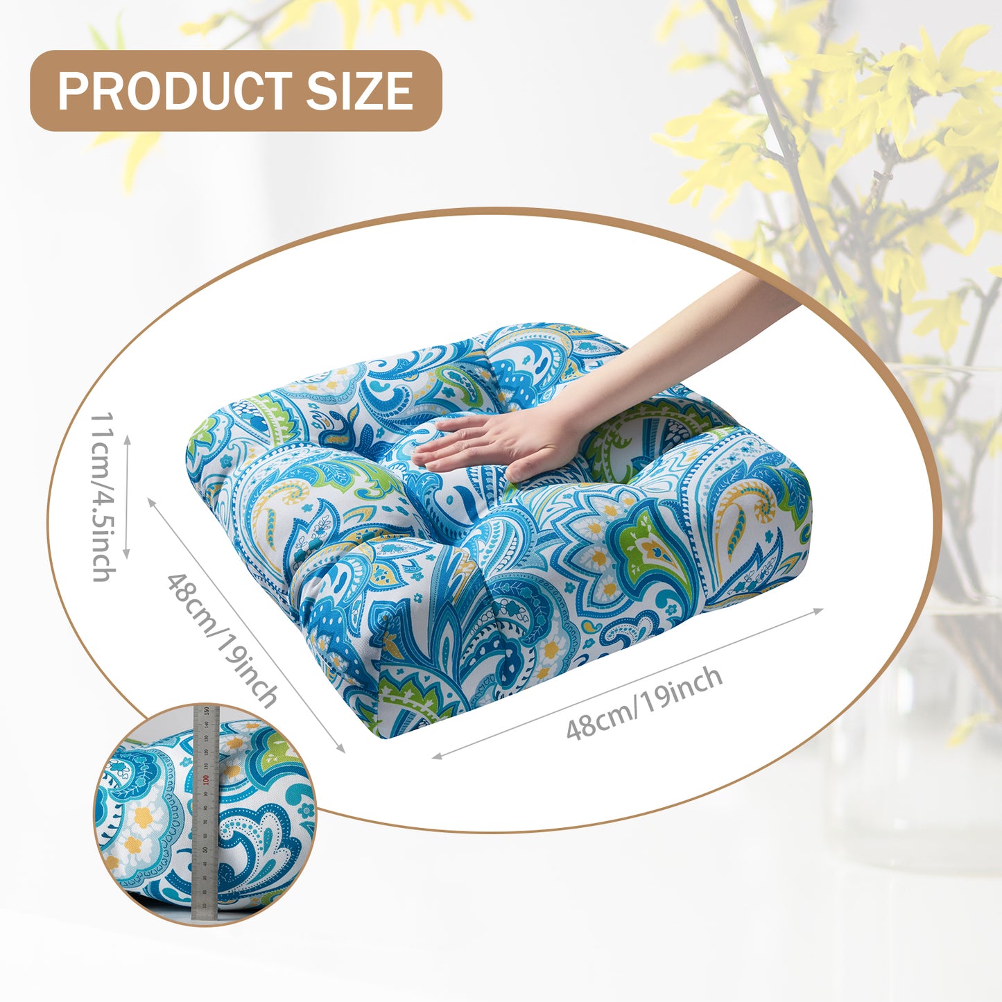 Premium Thick Comfy Seat Patio Pad Tufted Textured Printed Outdoor Chair Cushion 19 x 19 x 4 Inch, Blue Paisley Floral