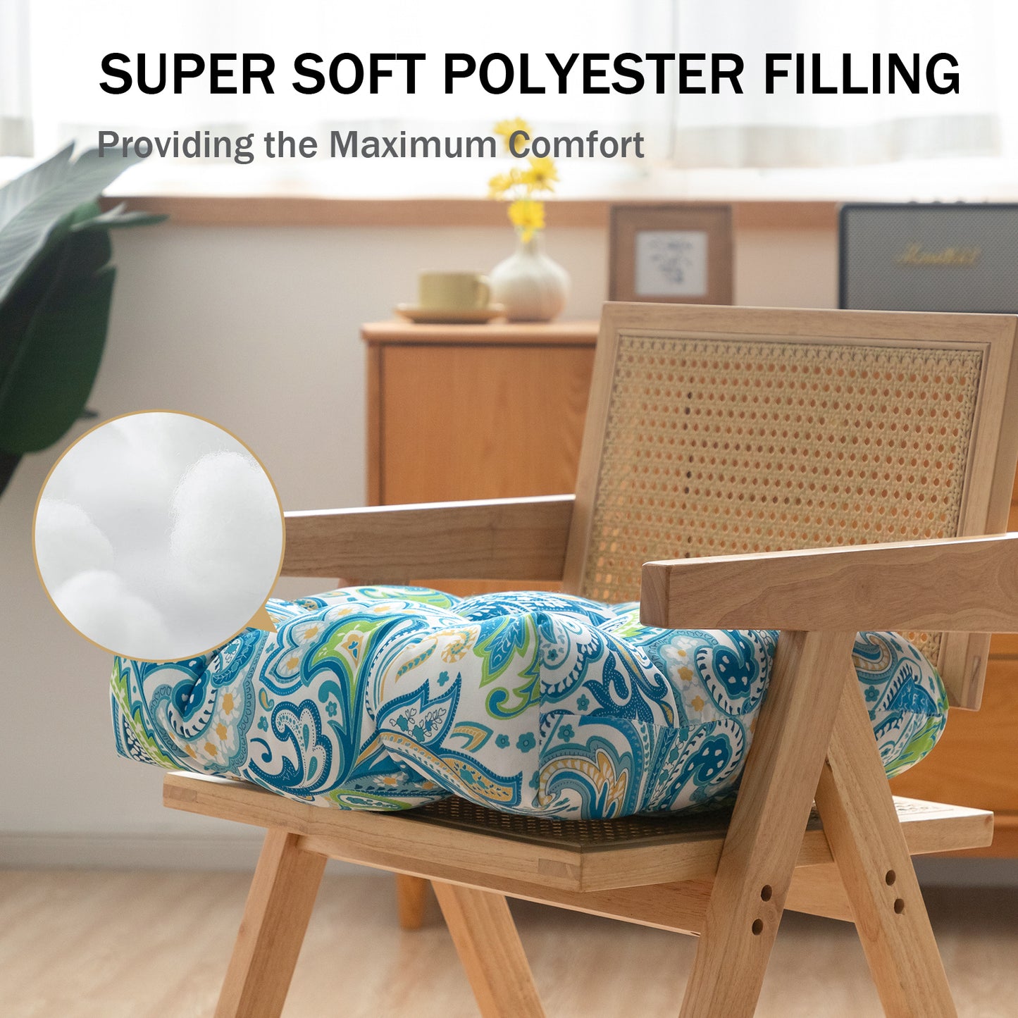 Premium Thick Comfy Seat Patio Pad Tufted Textured Printed Outdoor Chair Cushion 19 x 19 x 4 Inch, Blue Paisley Floral