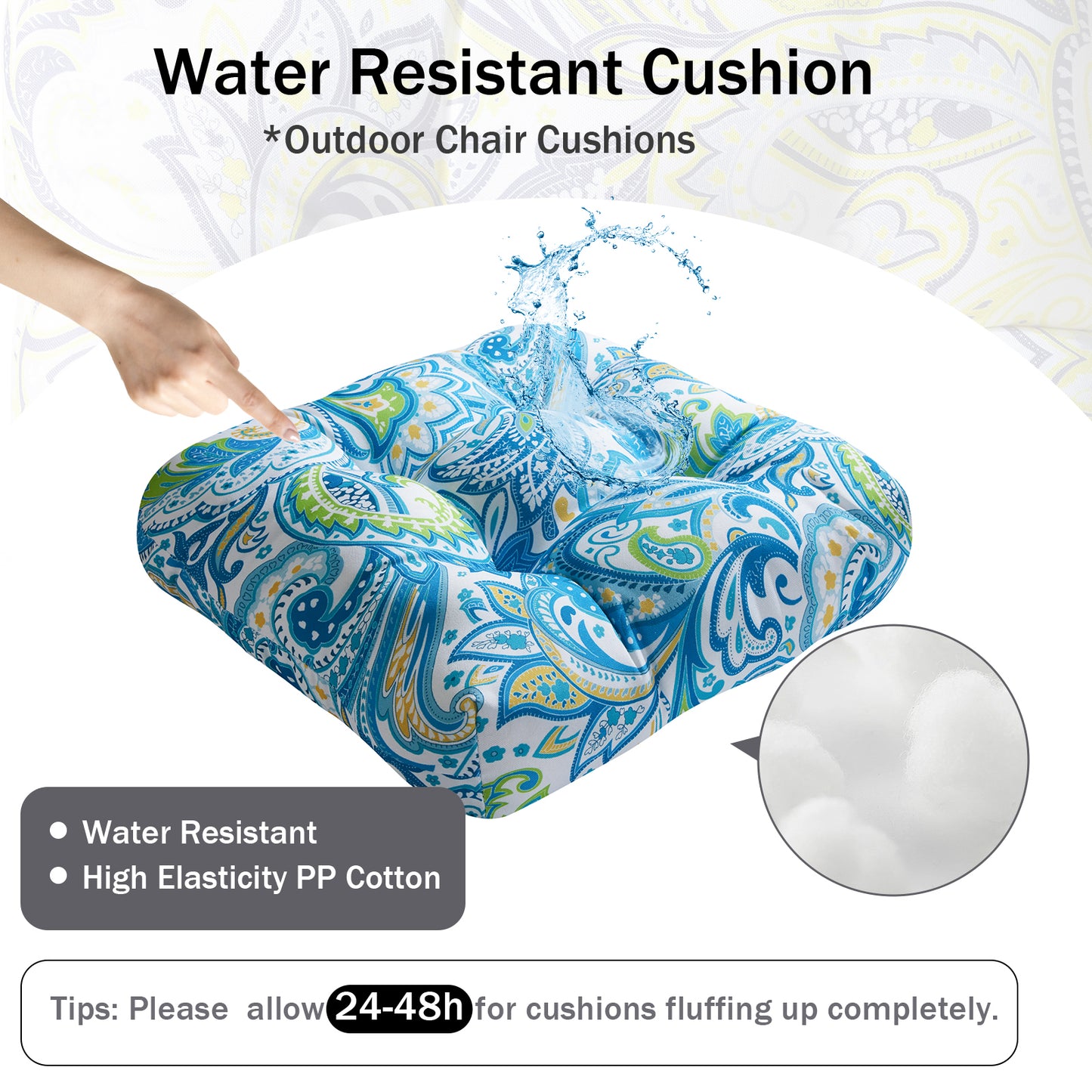 Premium Thick Comfy Seat Patio Pad Tufted Textured Printed Outdoor Chair Cushion 19 x 19 x 4 Inch, Blue Paisley Floral