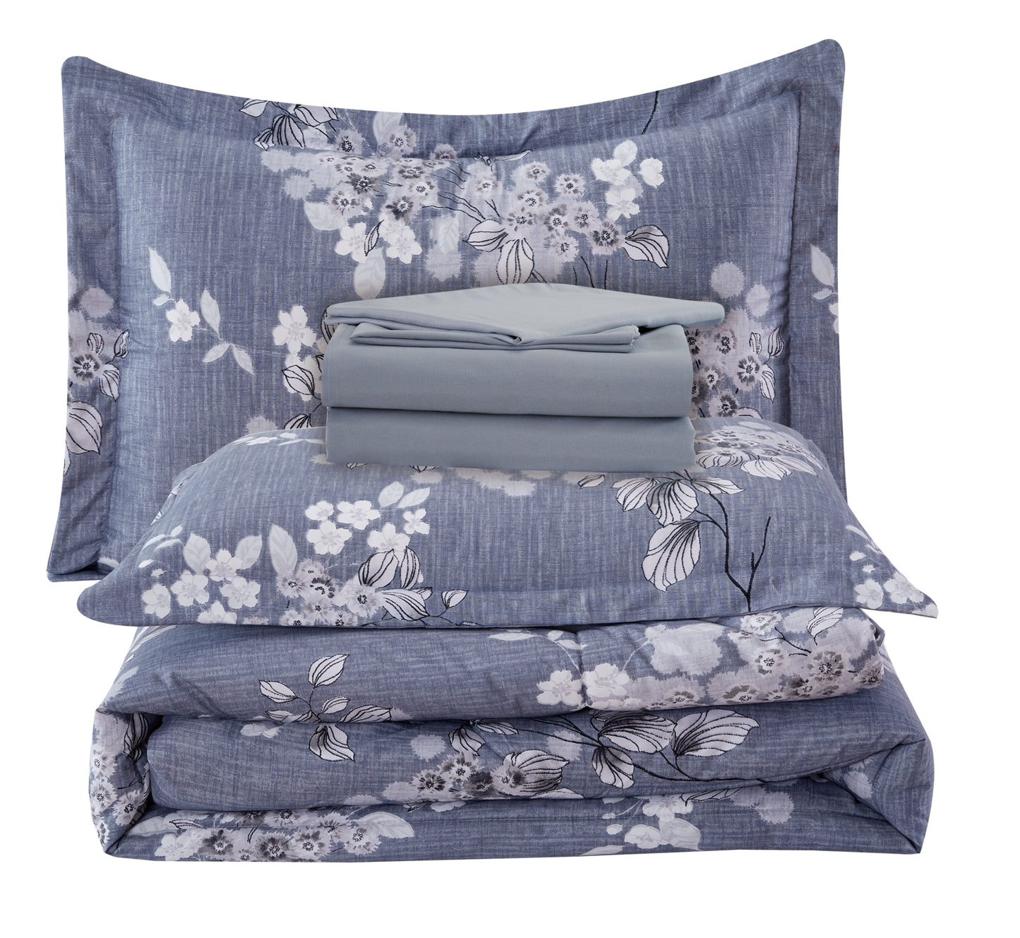 Printed Bed in a Bag Soft Luxury Fluffy Goose Down Alternative Comforter and Sheet Set, Romantic Inkwash Flowers Pattern