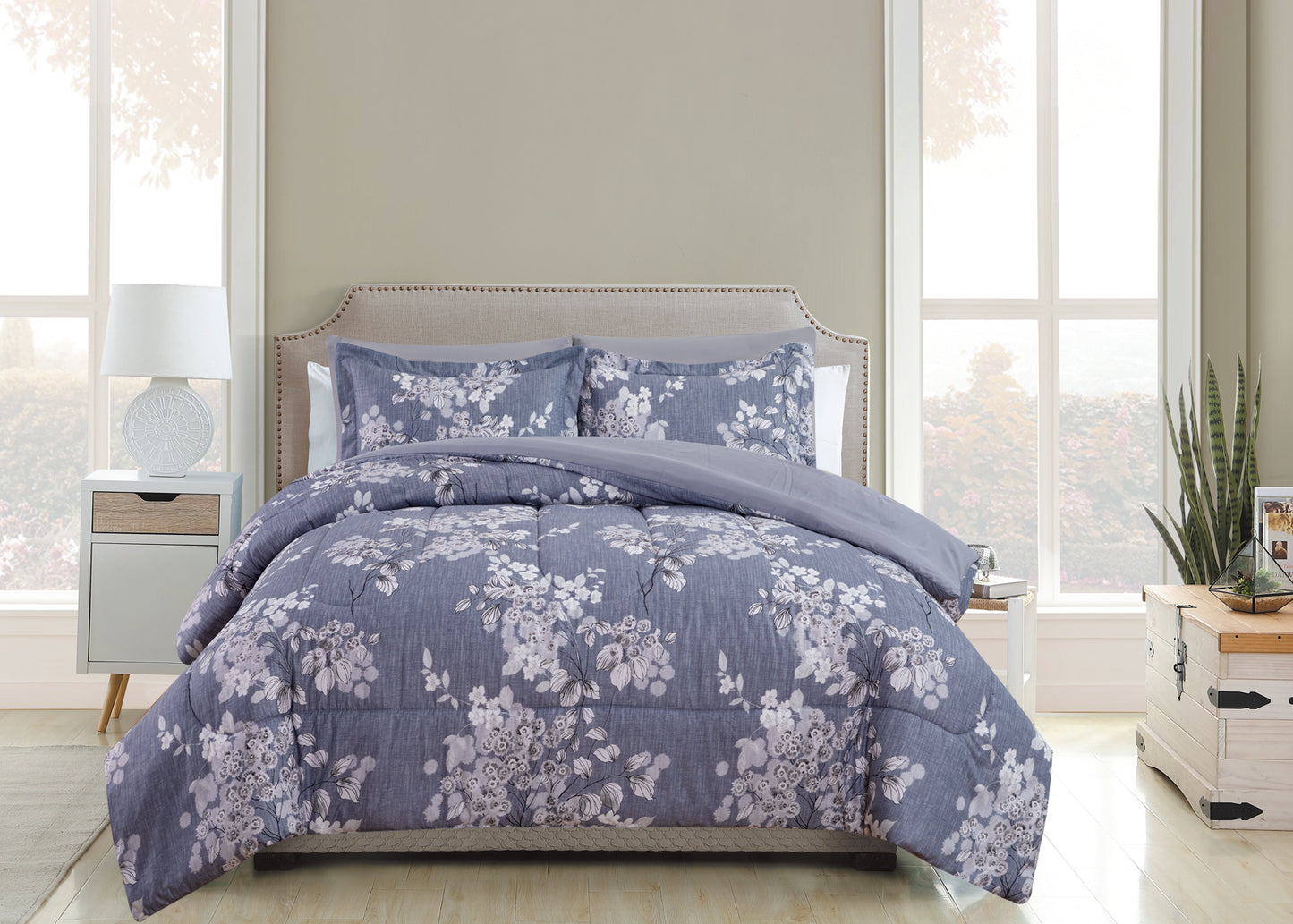 Printed Bed in a Bag Soft Luxury Fluffy Goose Down Alternative Comforter and Sheet Set, Romantic Inkwash Flowers Pattern