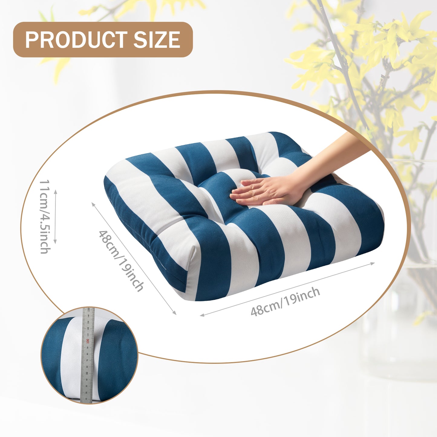 Premium Thick Comfy Seat Patio Pad Tufted Textured Printed Outdoor Chair Cushion 19 x 19 x 4 Inch, Blue White Stripes