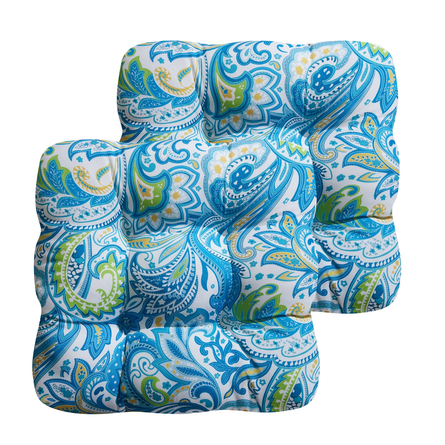 Premium Thick Comfy Seat Patio Pad Tufted Textured Printed Outdoor Chair Cushion 19 x 19 x 4 Inch, Blue Paisley Floral