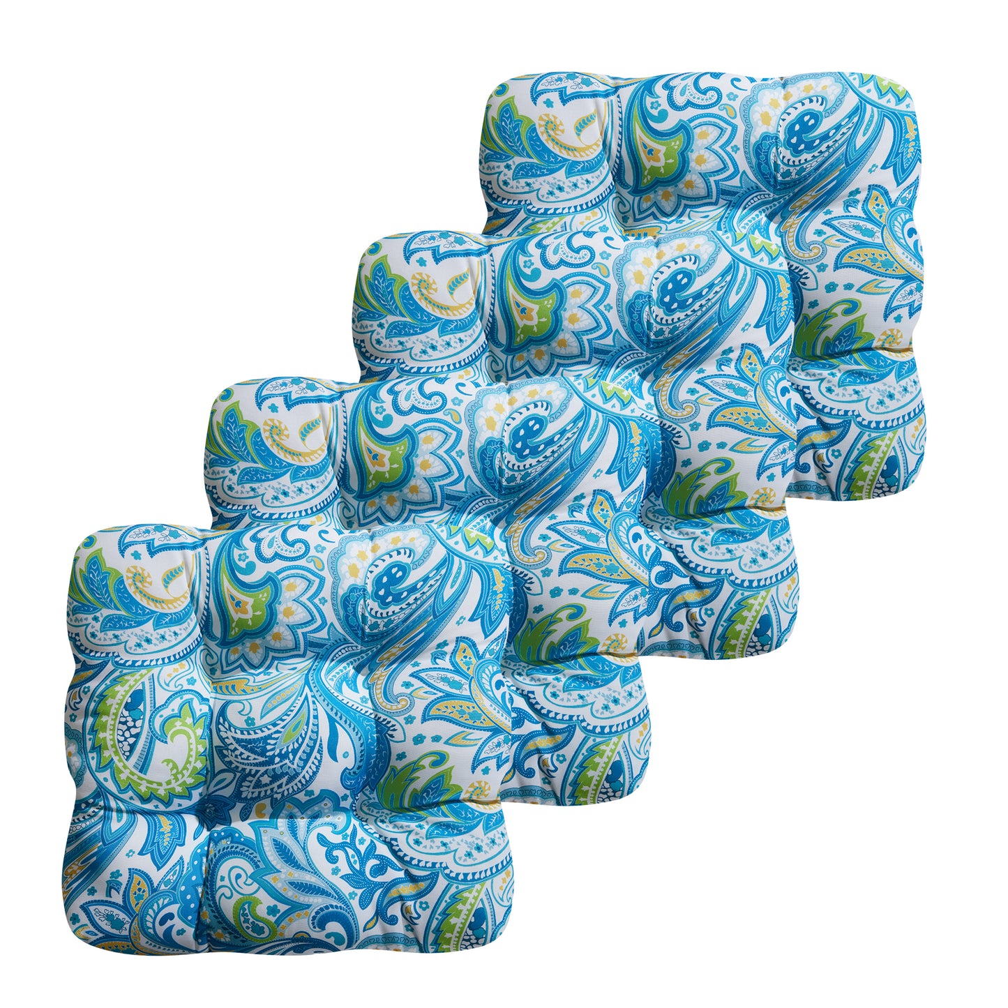 Premium Thick Comfy Seat Patio Pad Tufted Textured Printed Outdoor Chair Cushion 19 x 19 x 4 Inch, Blue Paisley Floral