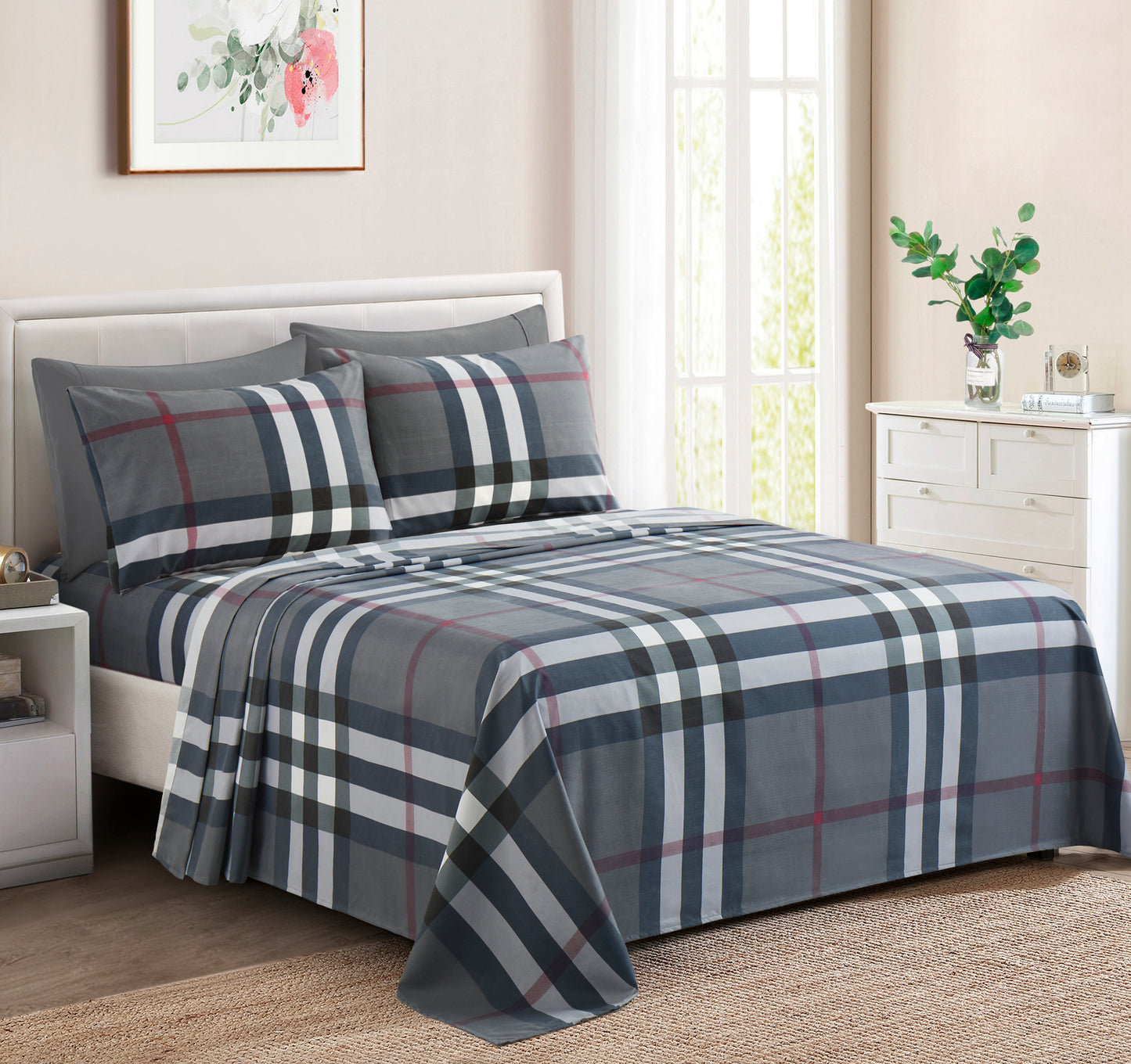 Printed Rayon from Bamboo Soft Deep Pocket Bedding All Season Sheet Set, Modern Grey Tartan
