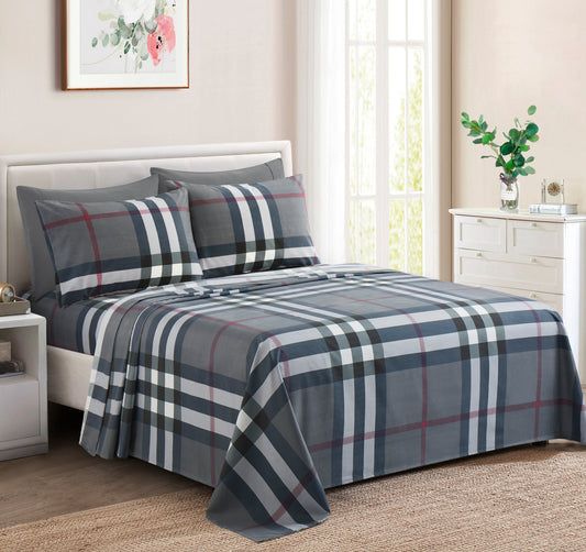 Printed Rayon from Bamboo Soft Deep Pocket Bedding All Season Sheet Set, Modern Grey Tartan