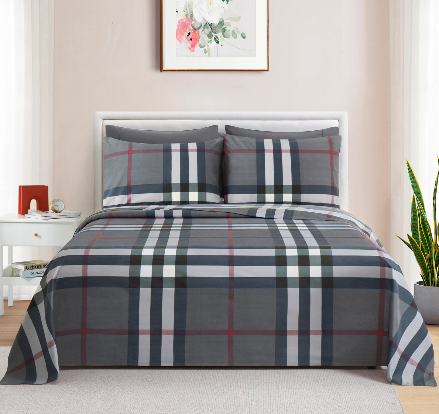 Printed Rayon from Bamboo Soft Deep Pocket Bedding All Season Sheet Set, Modern Grey Tartan