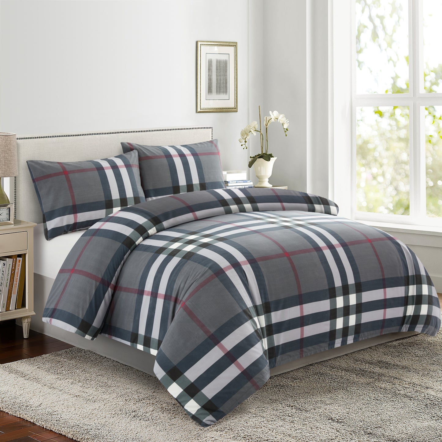 Printed Rayon from Bamboo Soft All Season Duvet Cover Fitted Sheet Ensemble Bedding Set with Zipper and Corner Tie, Grey Tartan