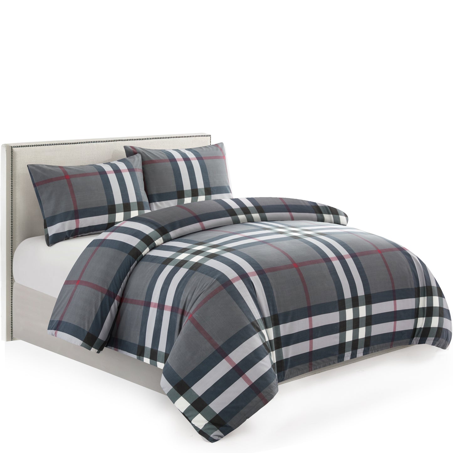 Printed Rayon from Bamboo Soft All Season Duvet Cover Fitted Sheet Ensemble Bedding Set with Zipper and Corner Tie, Grey Tartan