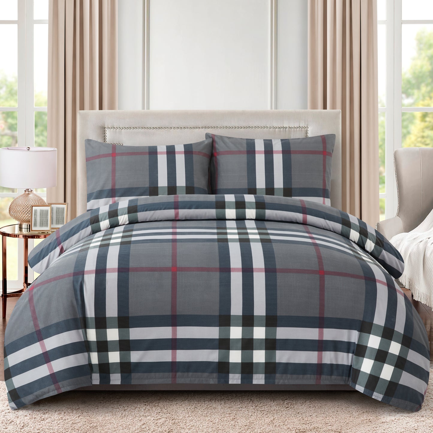 Printed Rayon from Bamboo Soft Bedding Silky Zipper All Season Duvet Cover Set, Modern Grey Tartan