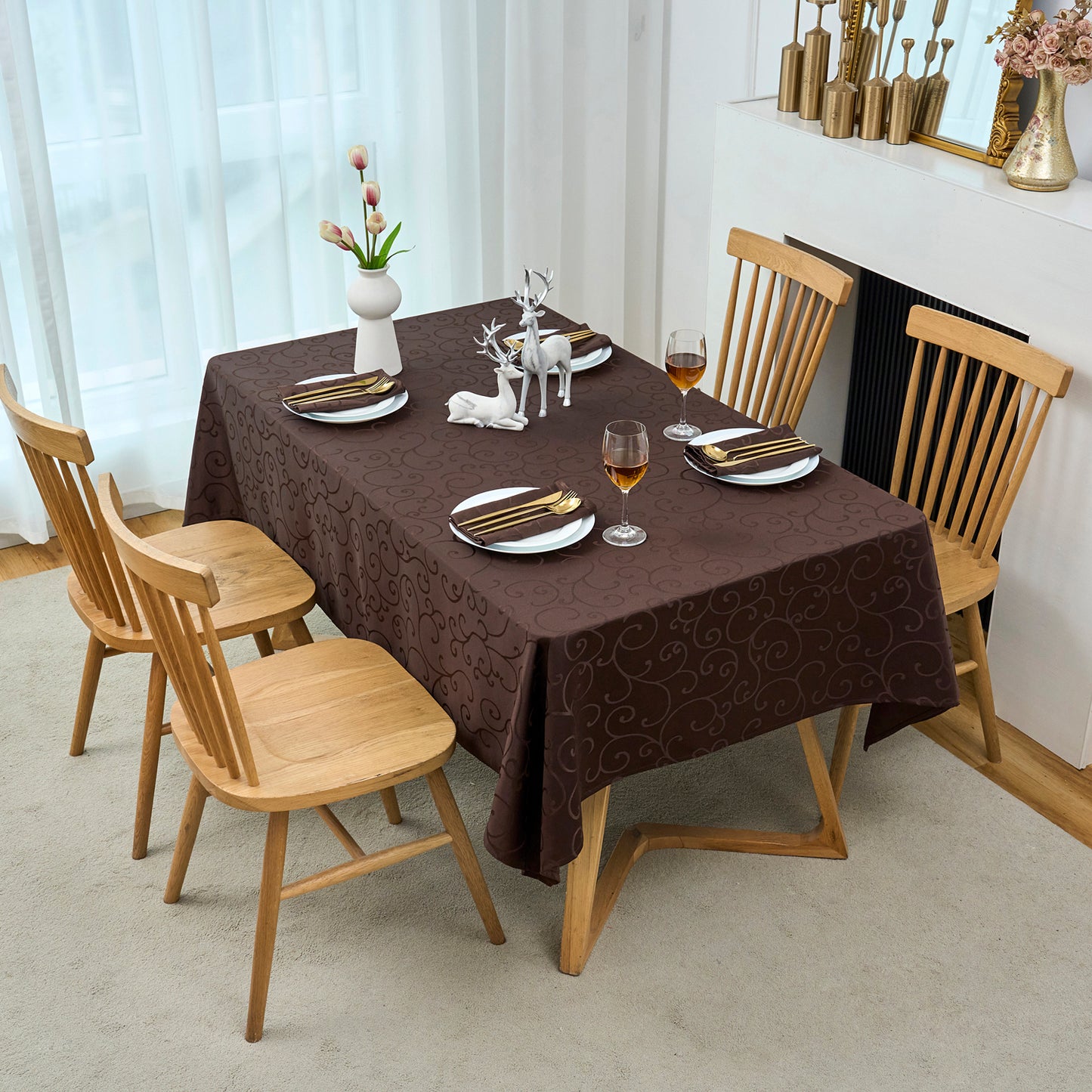 Jacquard Waterproof Thick Luxury Premium Solid Liquid Repellent Stain Resistant Decorative Home Kitchen Tablecloth, Brown Color