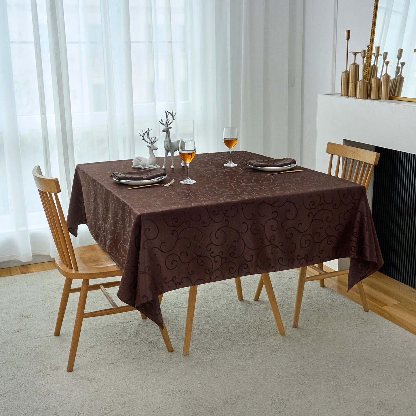 Jacquard Waterproof Thick Luxury Premium Solid Liquid Repellent Stain Resistant Decorative Home Kitchen Tablecloth, Brown Color