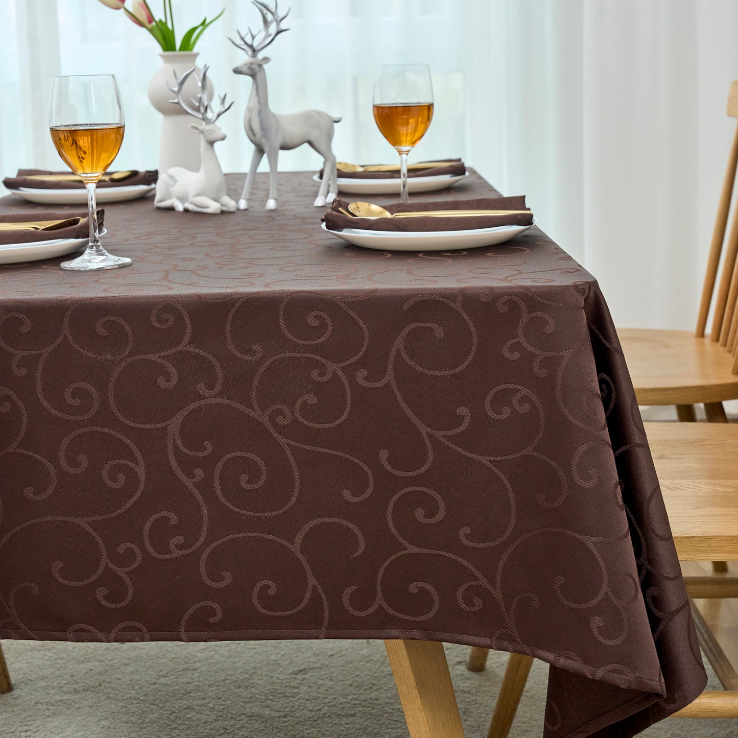 Jacquard Waterproof Thick Luxury Premium Solid Liquid Repellent Stain Resistant Decorative Home Kitchen Tablecloth, Brown Color