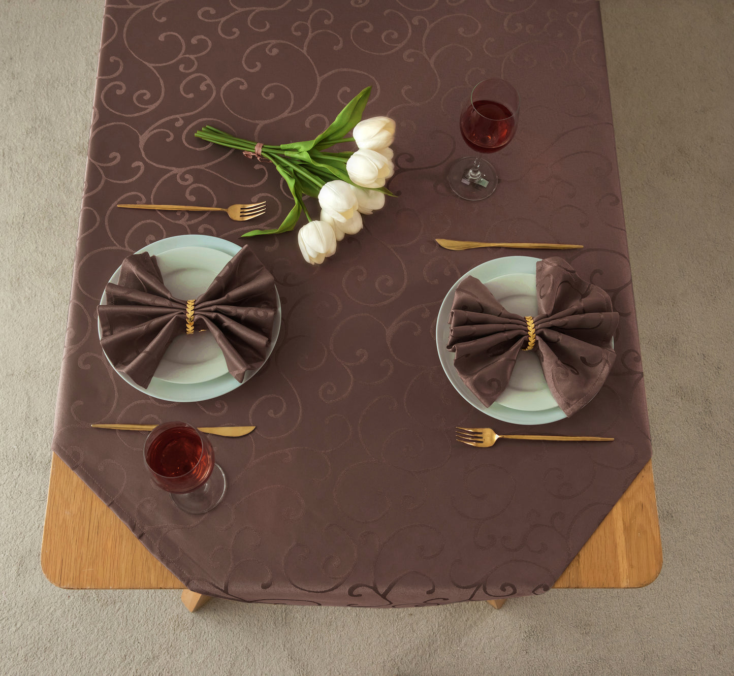 Jacquard Waterproof Thick Luxury Premium Solid Liquid Repellent Stain Resistant Decorative Home Kitchen Tablecloth, Brown Color