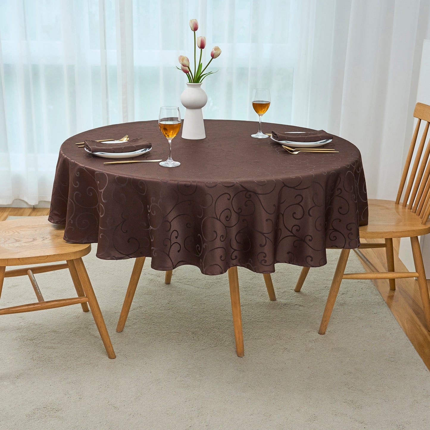 Jacquard Waterproof Thick Luxury Premium Solid Liquid Repellent Stain Resistant Decorative Home Kitchen Tablecloth, Brown Color