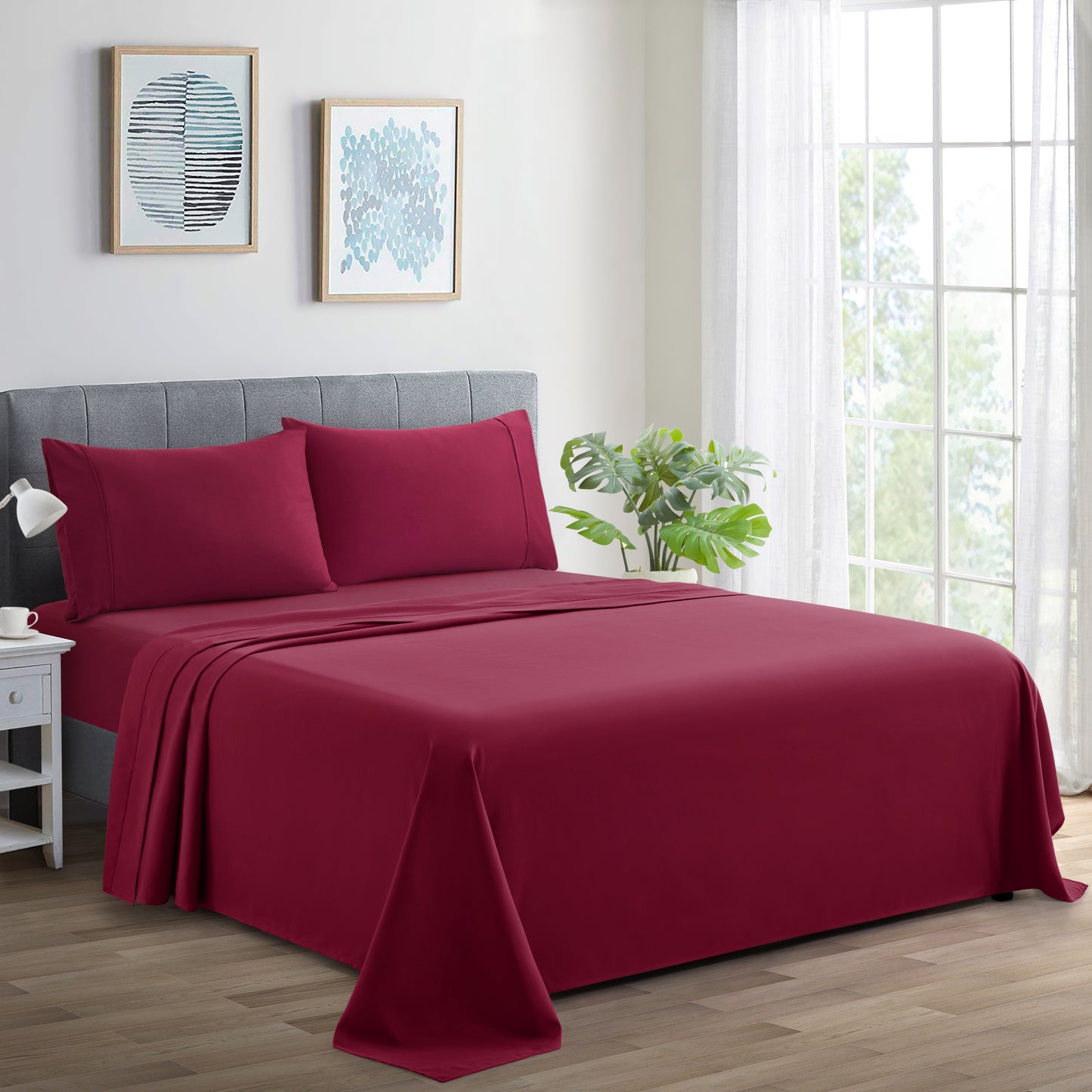 600 Thread Count Cotton Percale Soft Deep Pocket Solid Bedding All Season Sheet Set, Burgundy