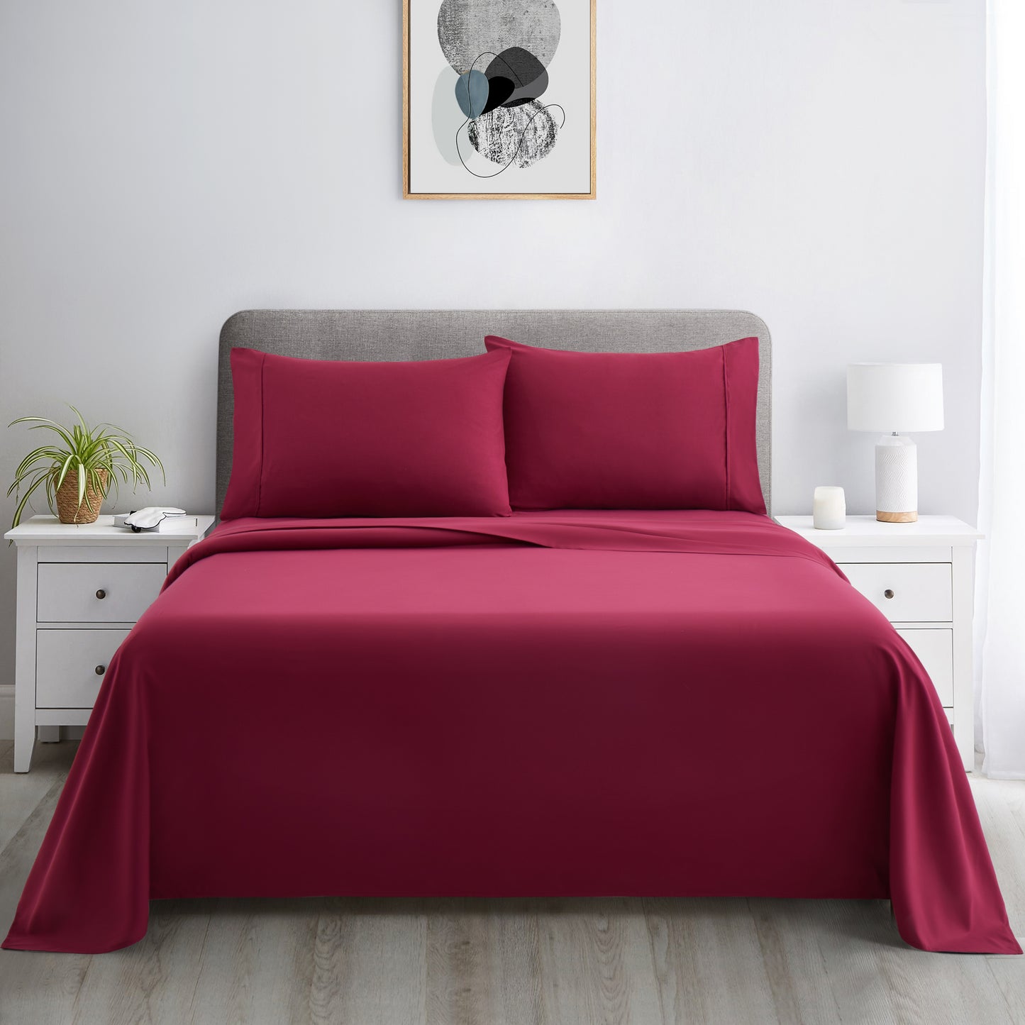 600 Thread Count Cotton Percale Soft Deep Pocket Solid Bedding All Season Sheet Set, Burgundy